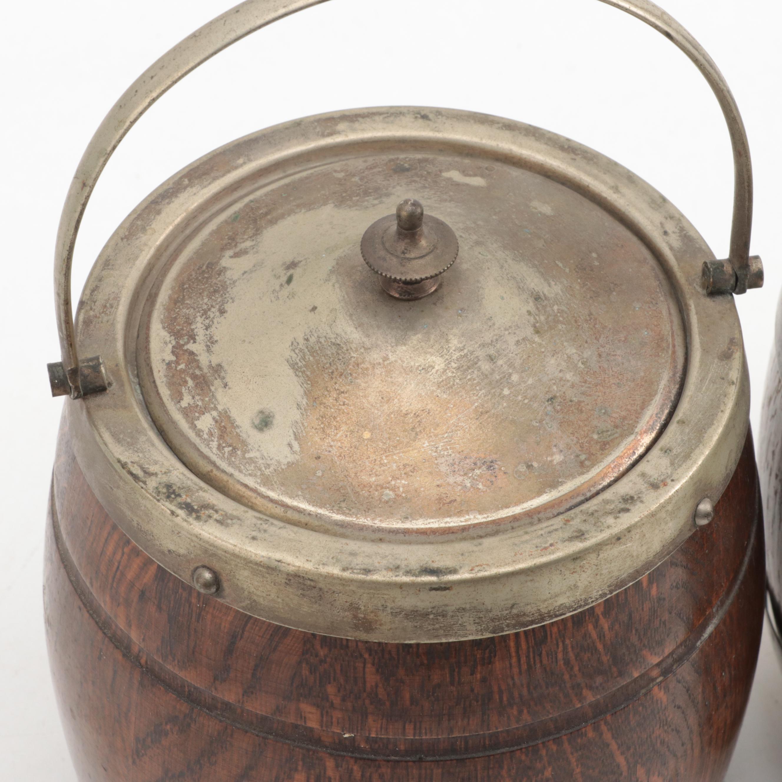Victorian Oak and Silver Plate Barrel-Form Biscuit Barrels, Late 19th Century