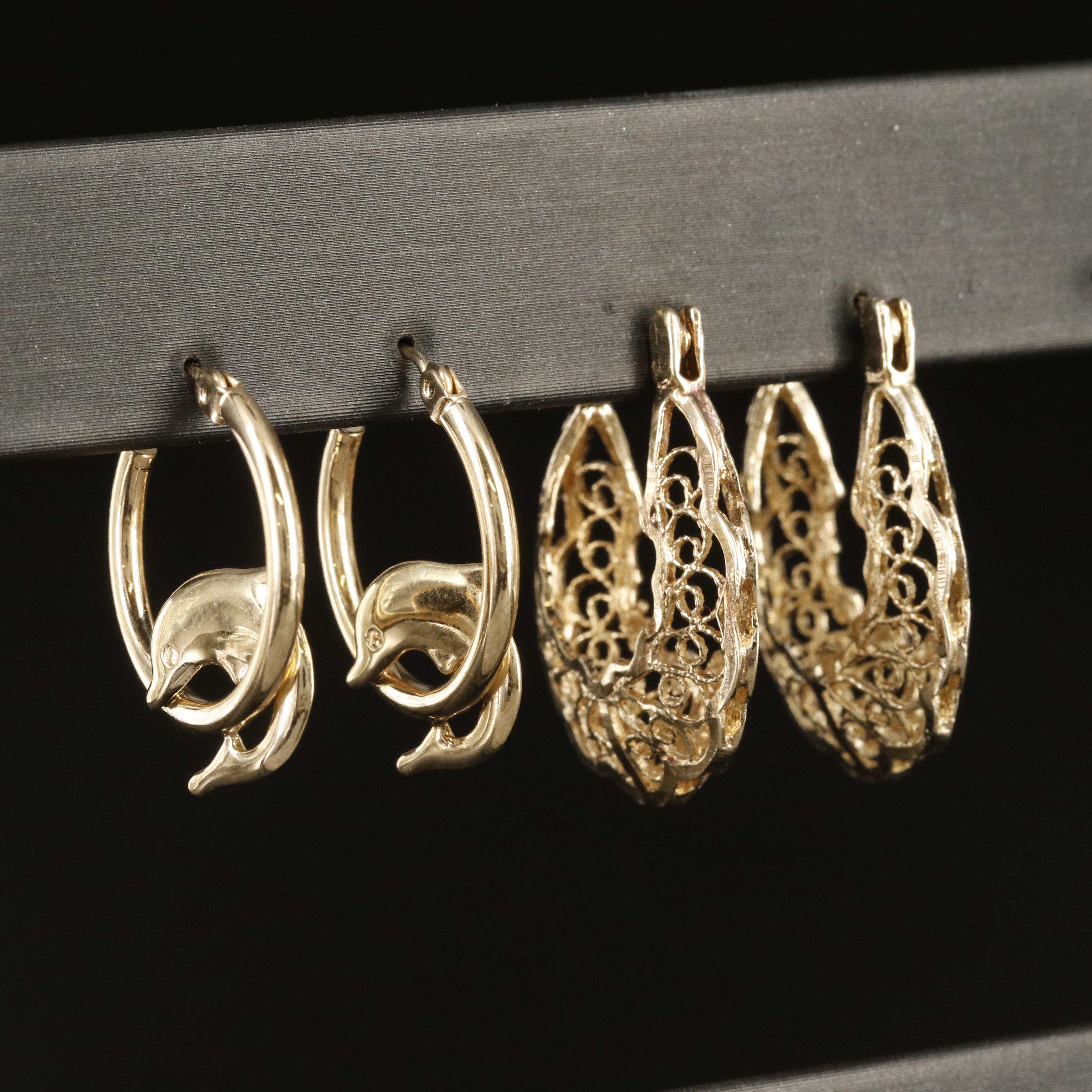 14K Dolphin Hoop Earrings and Sterling Filigree Hoop Earrings