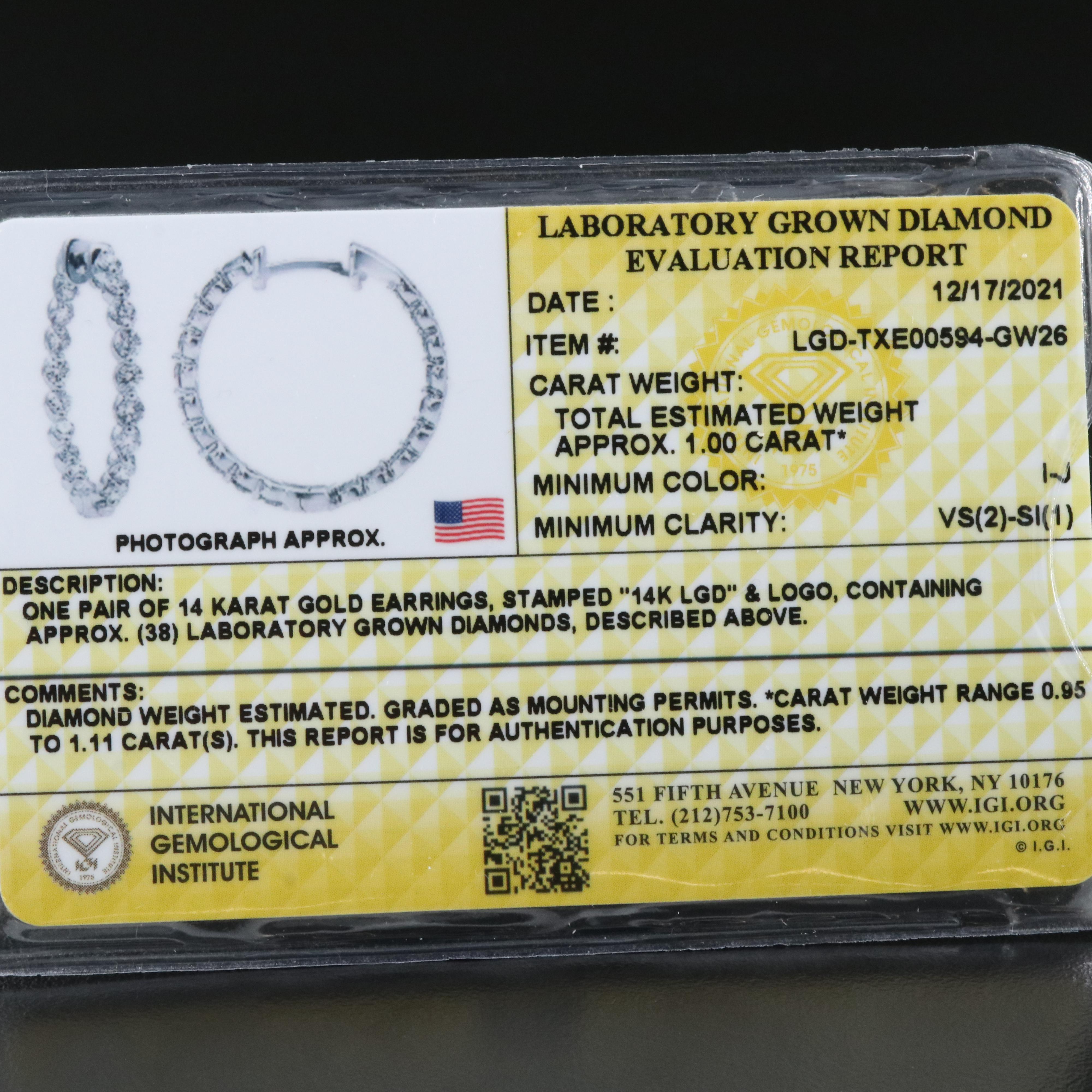 14K 1.00 CTW Lab Grown Diamond Inside-Out Hoop Earrings with IGI Report