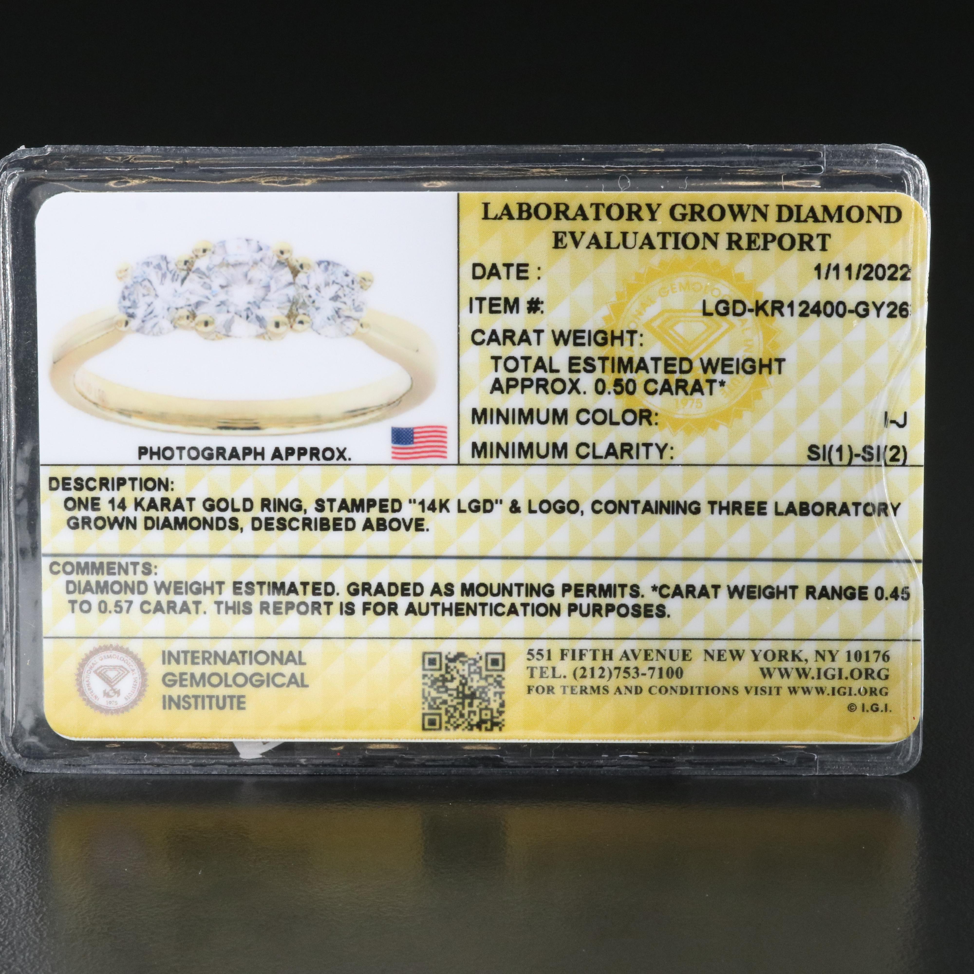 14K 0.53 CTW Lab Grown Diamond with IGI Report