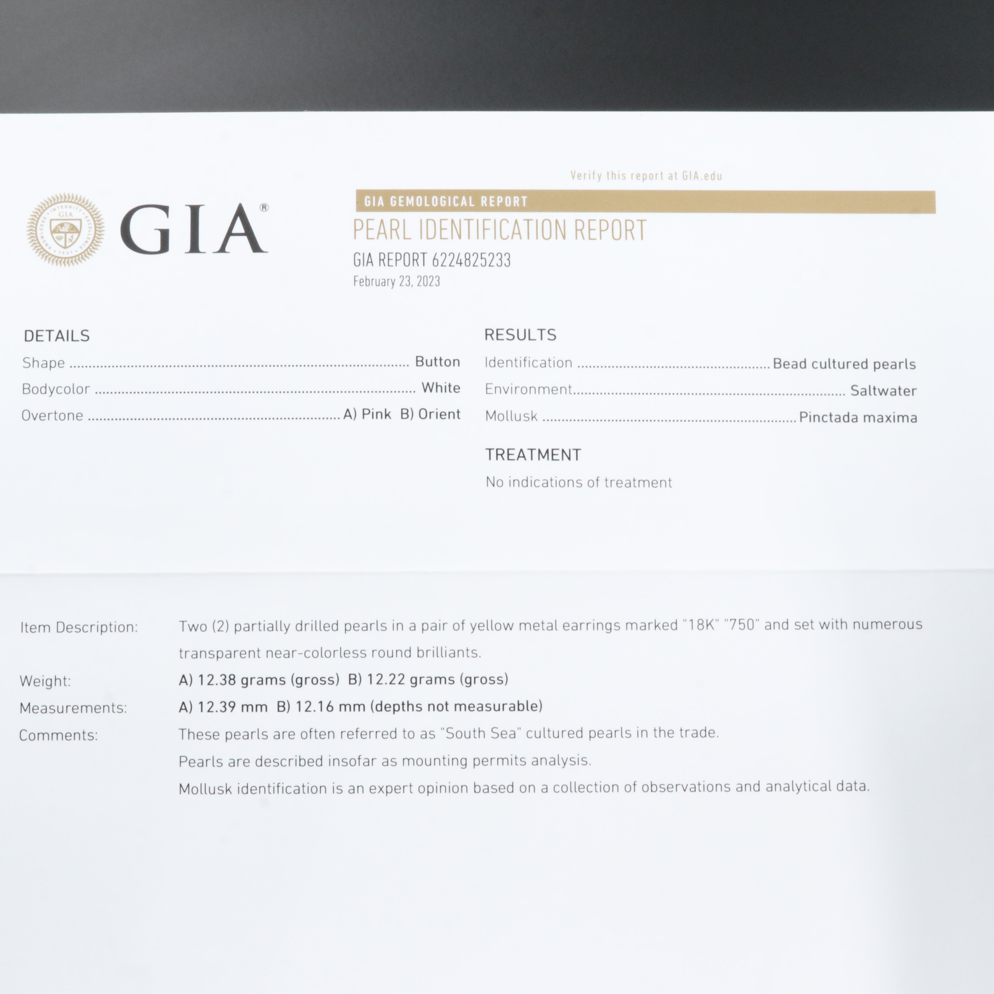 18K South Sea Pearl and 3.87 CTW Diamond Earrings with GIA Report