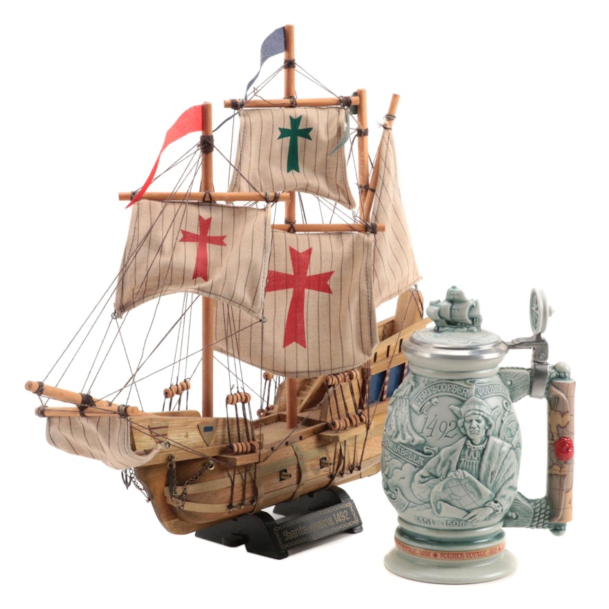 Santa Maria Wooden Ship Model and Avon Christopher Columbus Voyage Stein