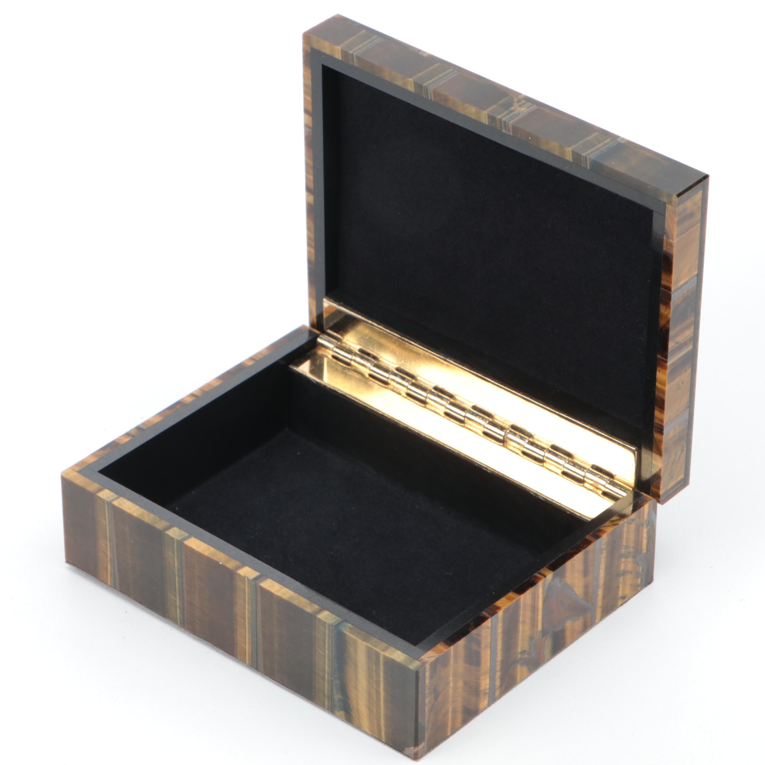 Tiger's Eye Stone Trinket Box and Carved Bear Figurine With Jasper Salmon