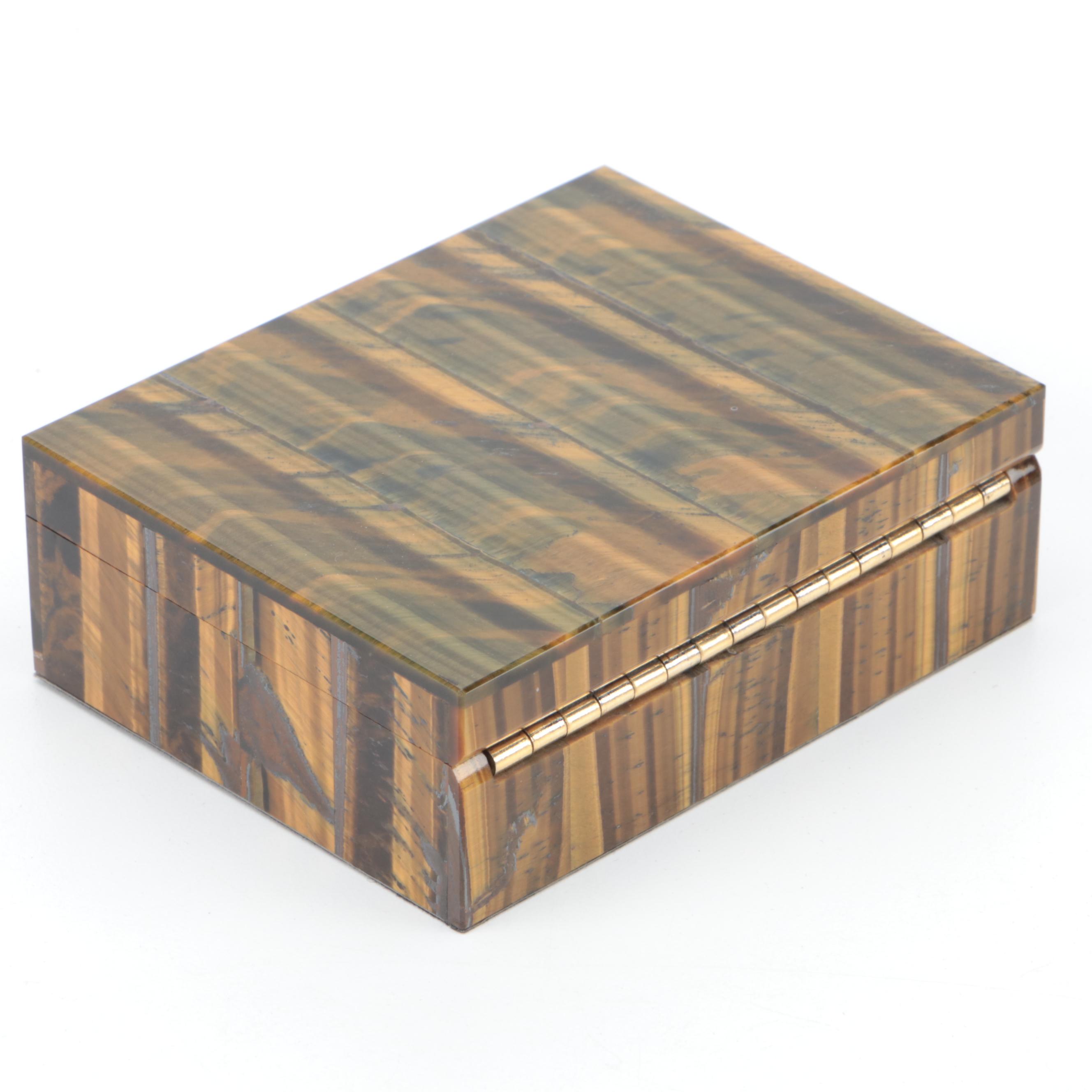 Tiger's Eye Stone Trinket Box and Carved Bear Figurine With Jasper Salmon