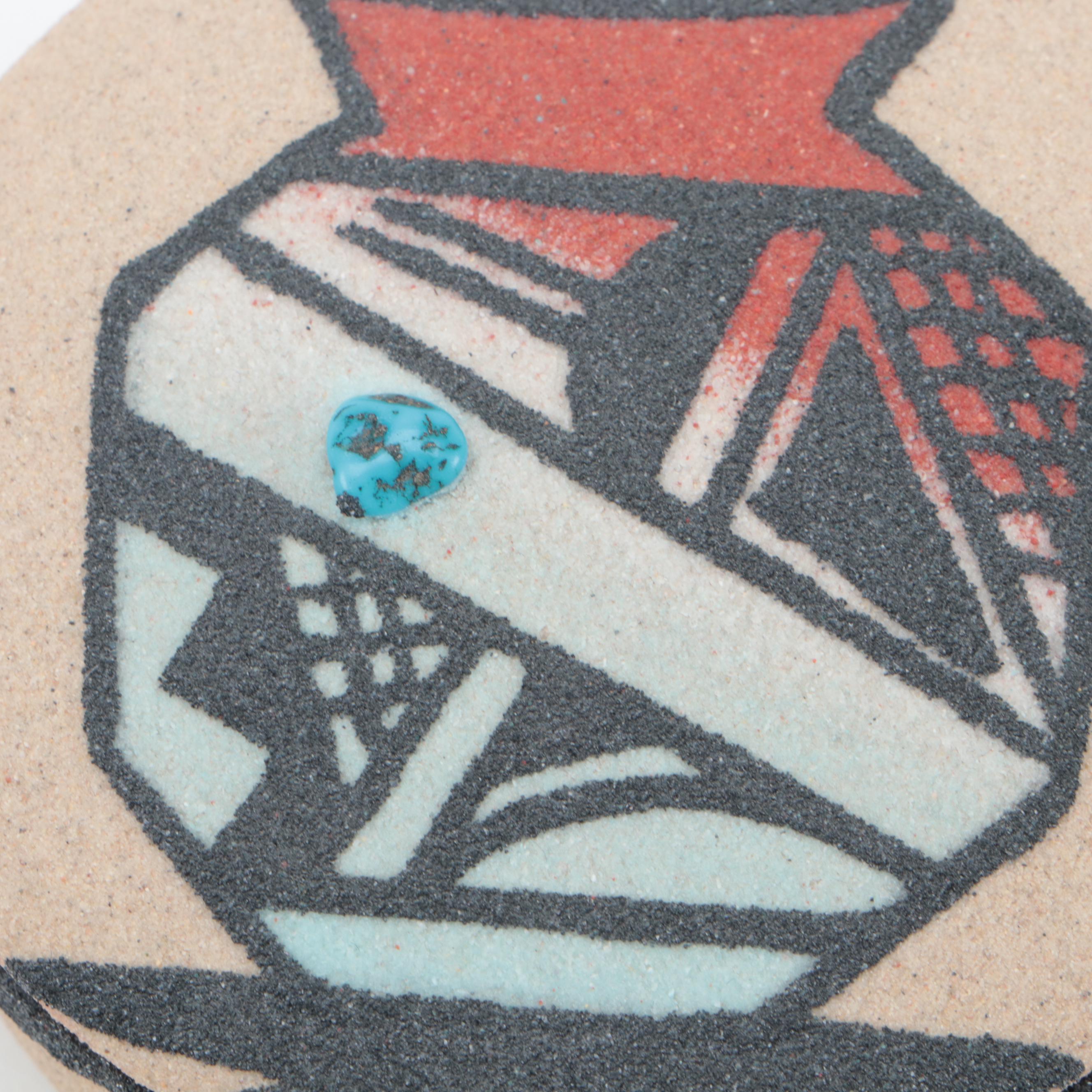 Skeeter Vail Navajo Signed Sand-Painted Terracotta Boxes, Turquoise Accents