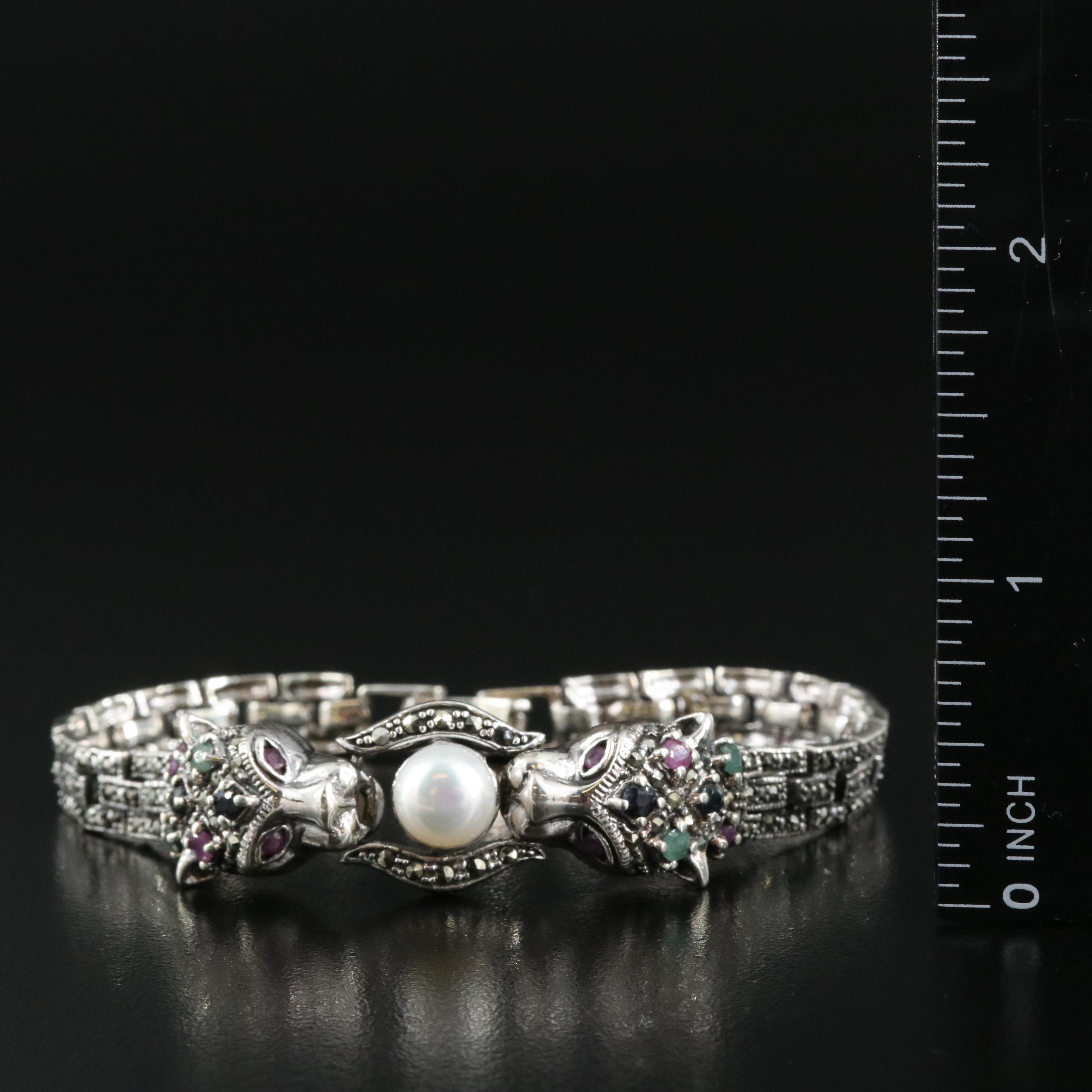Sterling Double Head Bracelet Including Pearl, Ruby and Marcasite