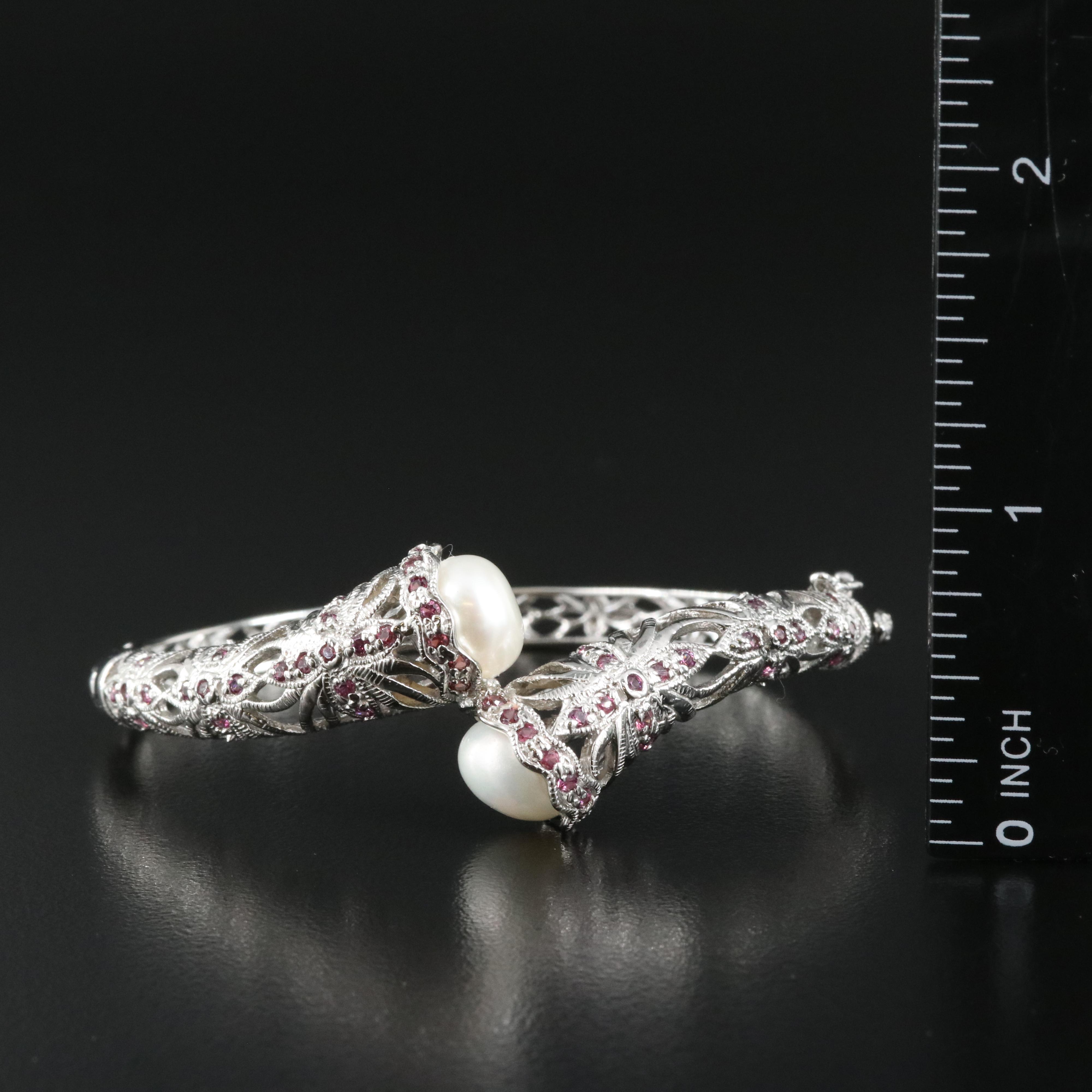 Sterling Pearl and Garnet Hinged Bangle