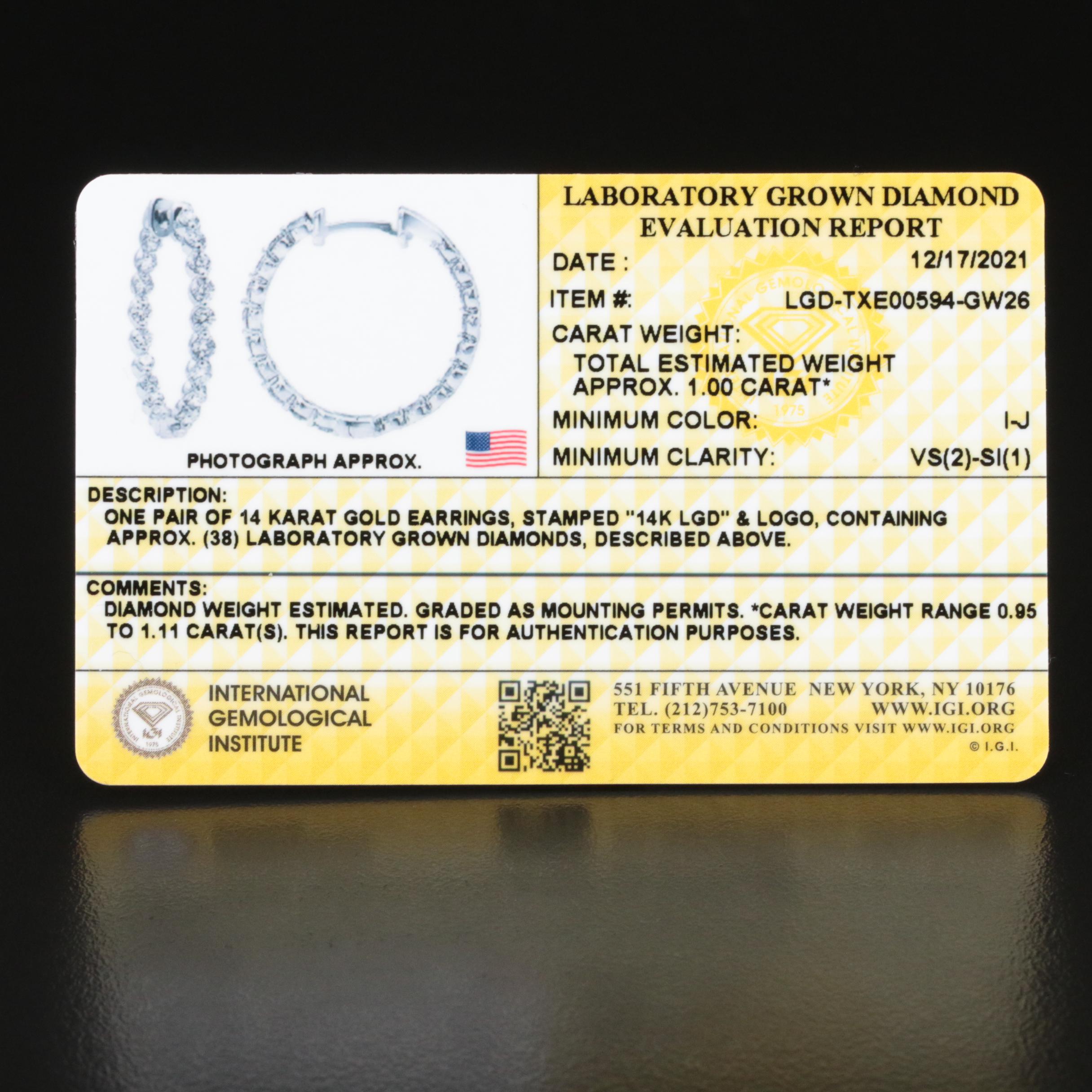 14K 1.00 CTW Lab Grown Diamond Inside-Out Hoop Earrings with IGI Report