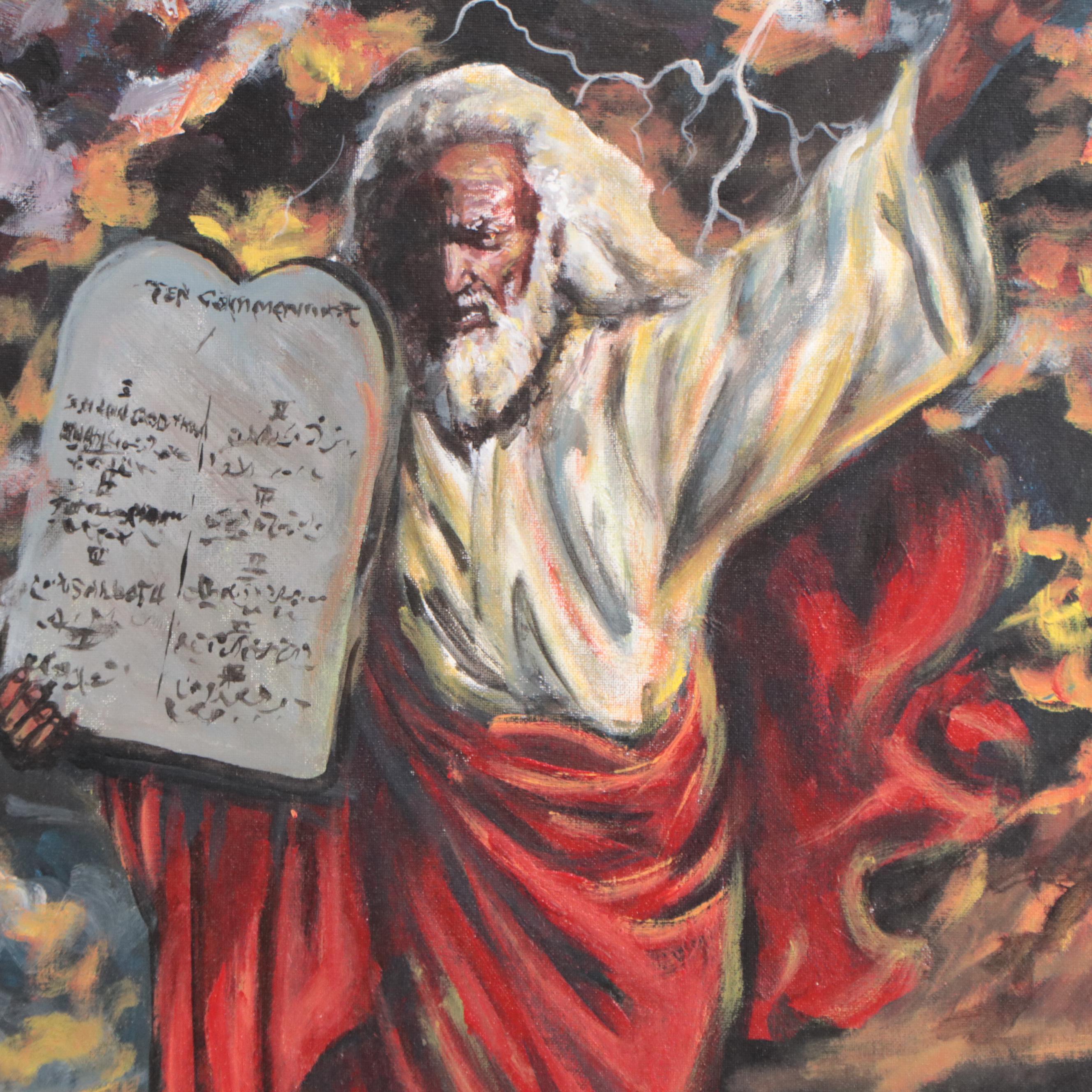 Biblical Inspired Oil Painting of Moses and the Ten Commandments
