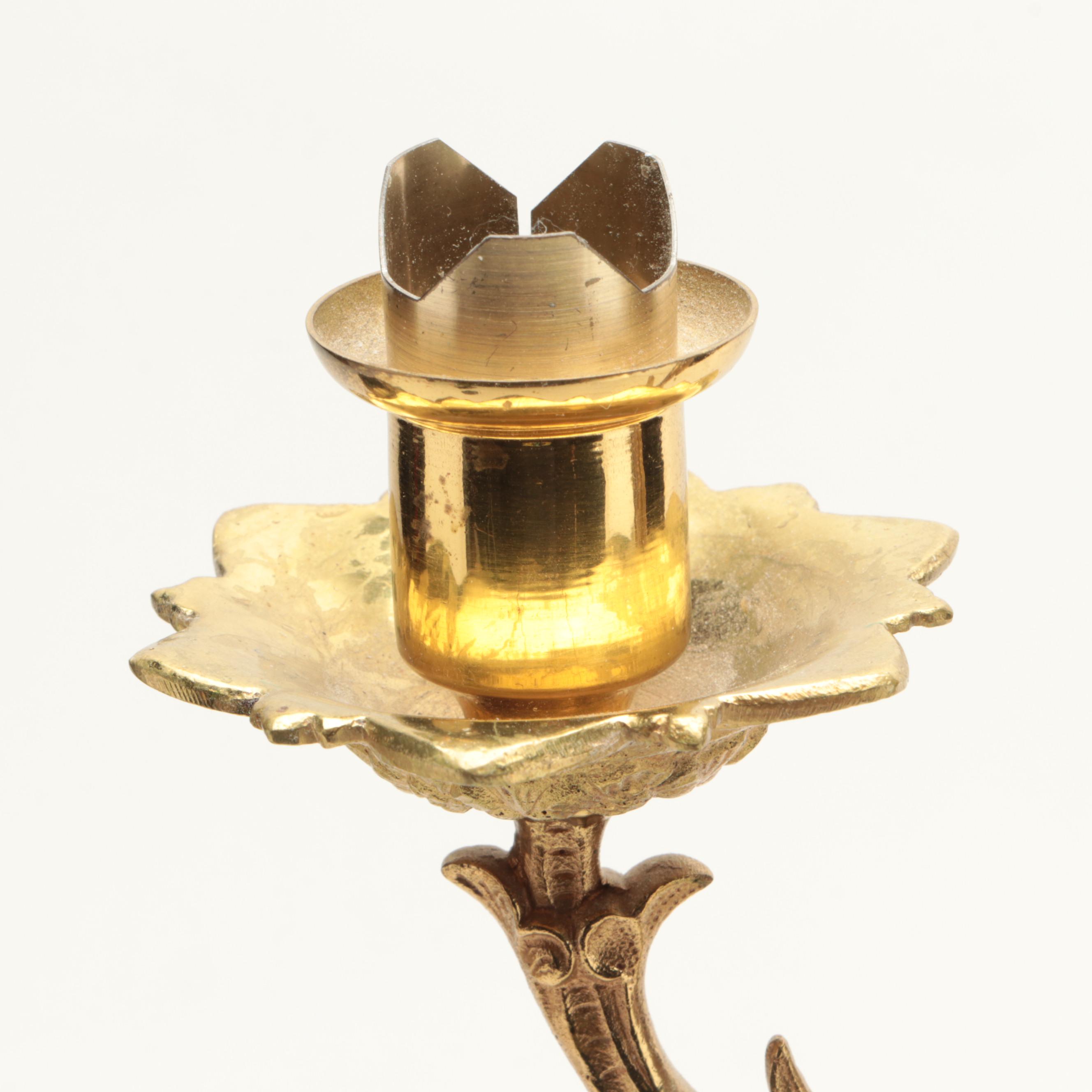 Baroque Style Gilt Brass Altar Candelabra with Angel, Early 20th Century