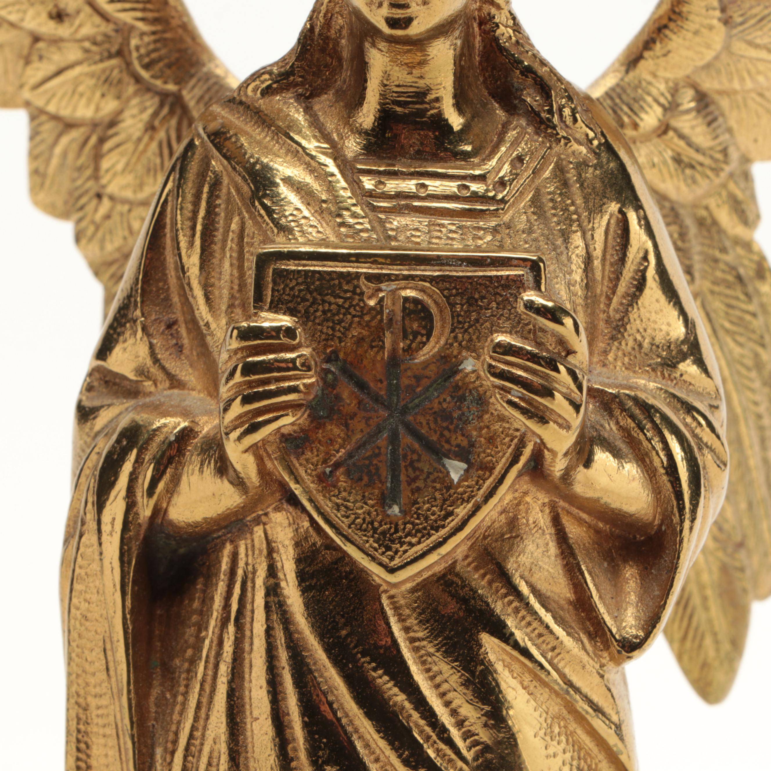 Baroque Style Gilt Brass Altar Candelabra with Angel, Early 20th Century