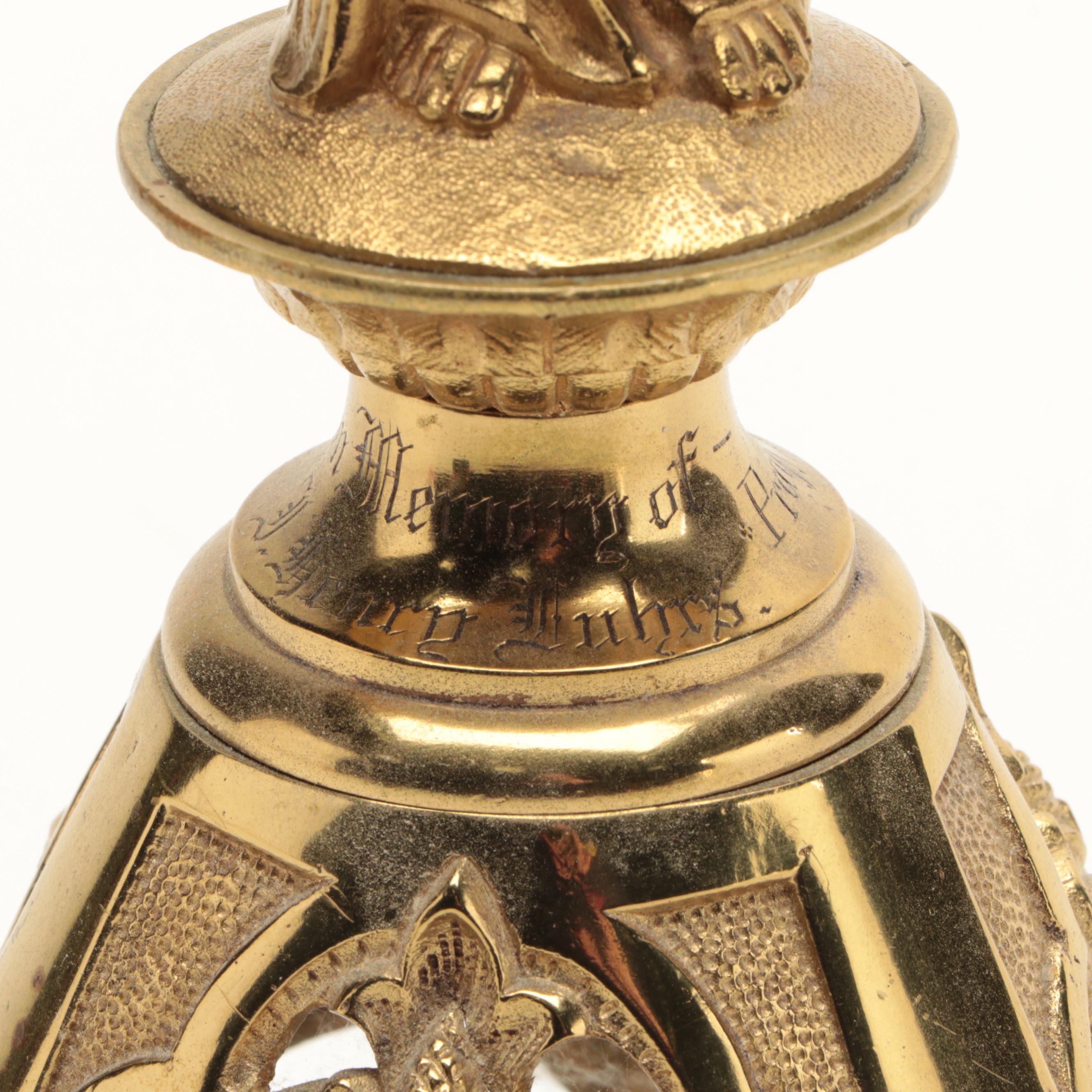 Baroque Style Gilt Brass Altar Candelabra with Angel, Early 20th Century