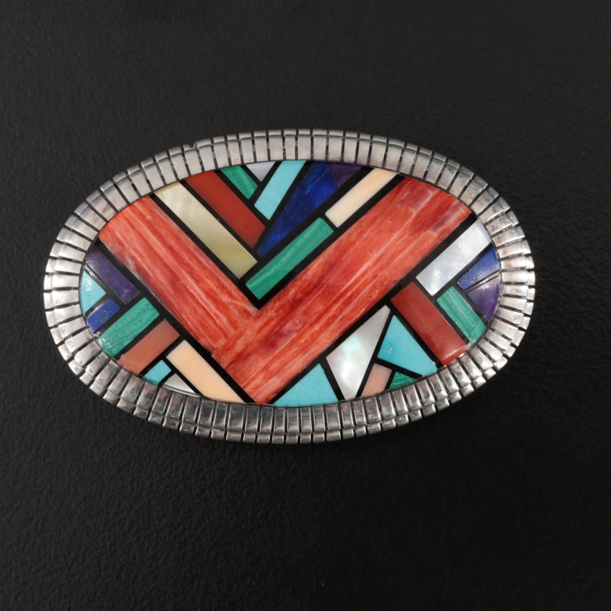 Ray Jack Navajo Diné Sterling Spiny Oyster and Gemstone Inlay Belt Buckle