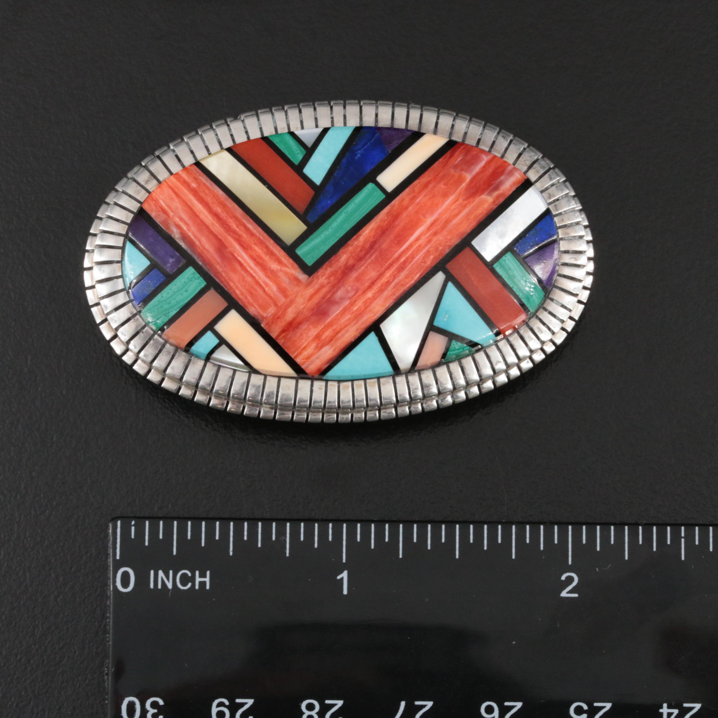 Ray Jack Navajo Diné Sterling Spiny Oyster and Gemstone Inlay Belt Buckle