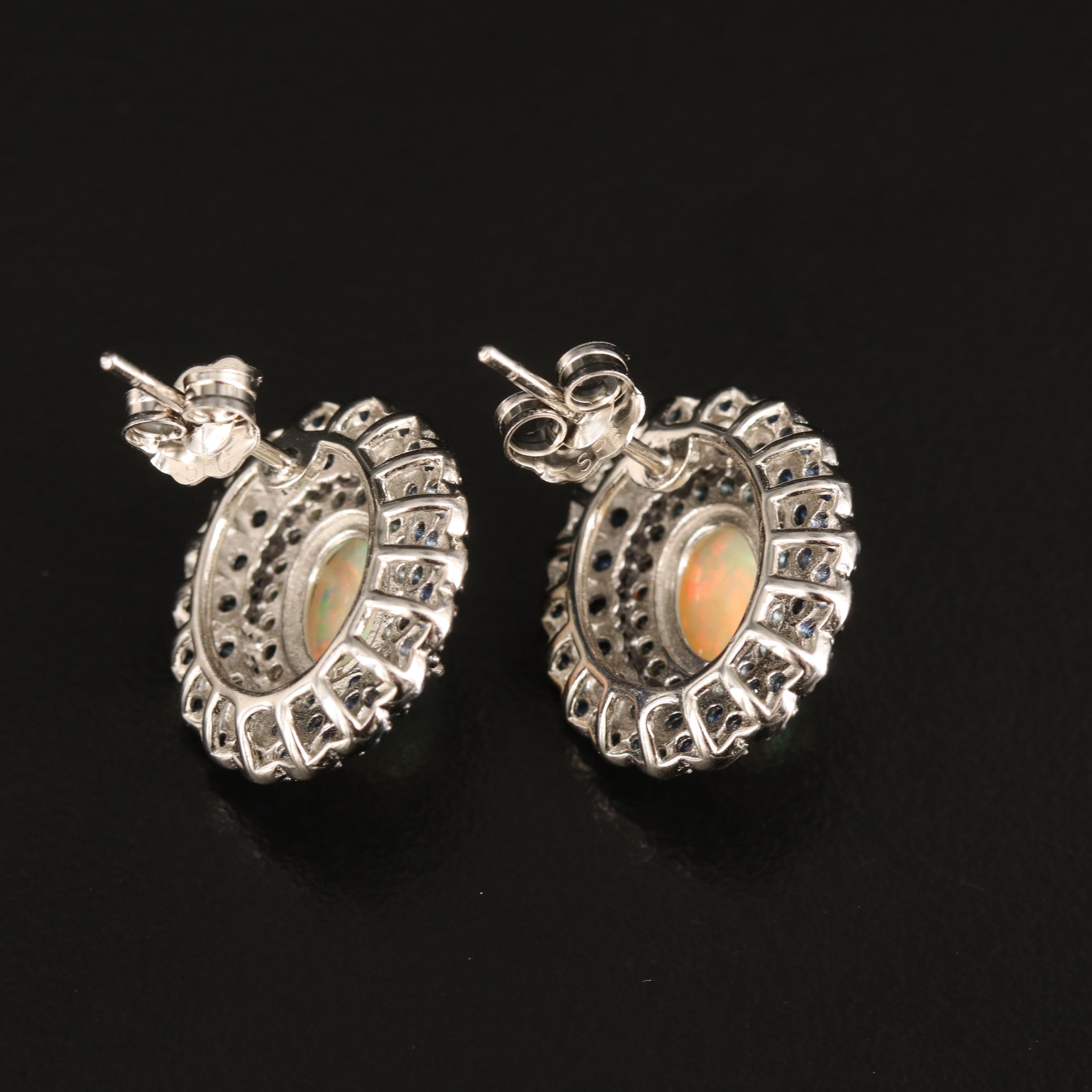 Sterling Opal and Sapphire Button Earrings