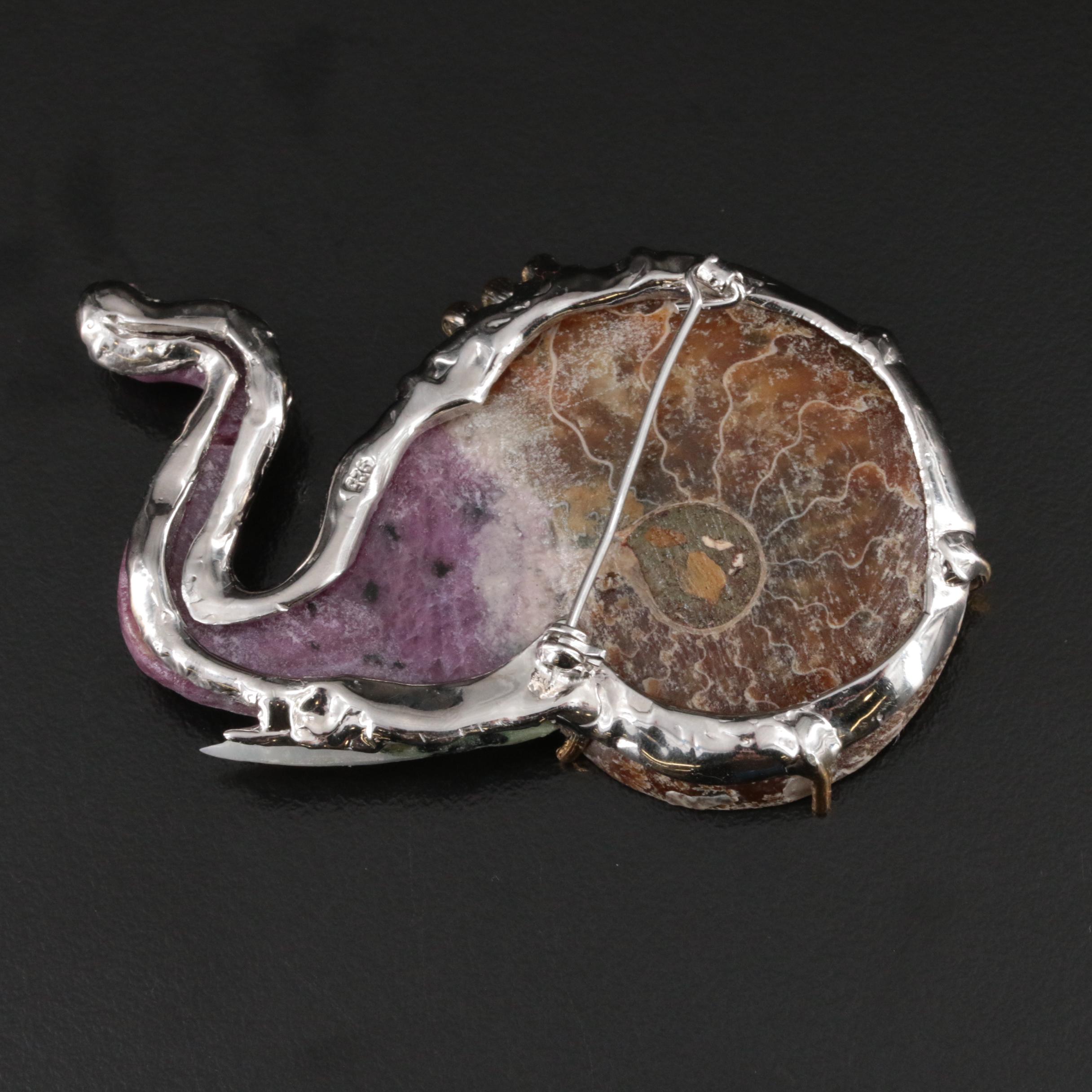 Sterling Ammonite, Ruby in Zoisite and Gemstone Elephant Brooch