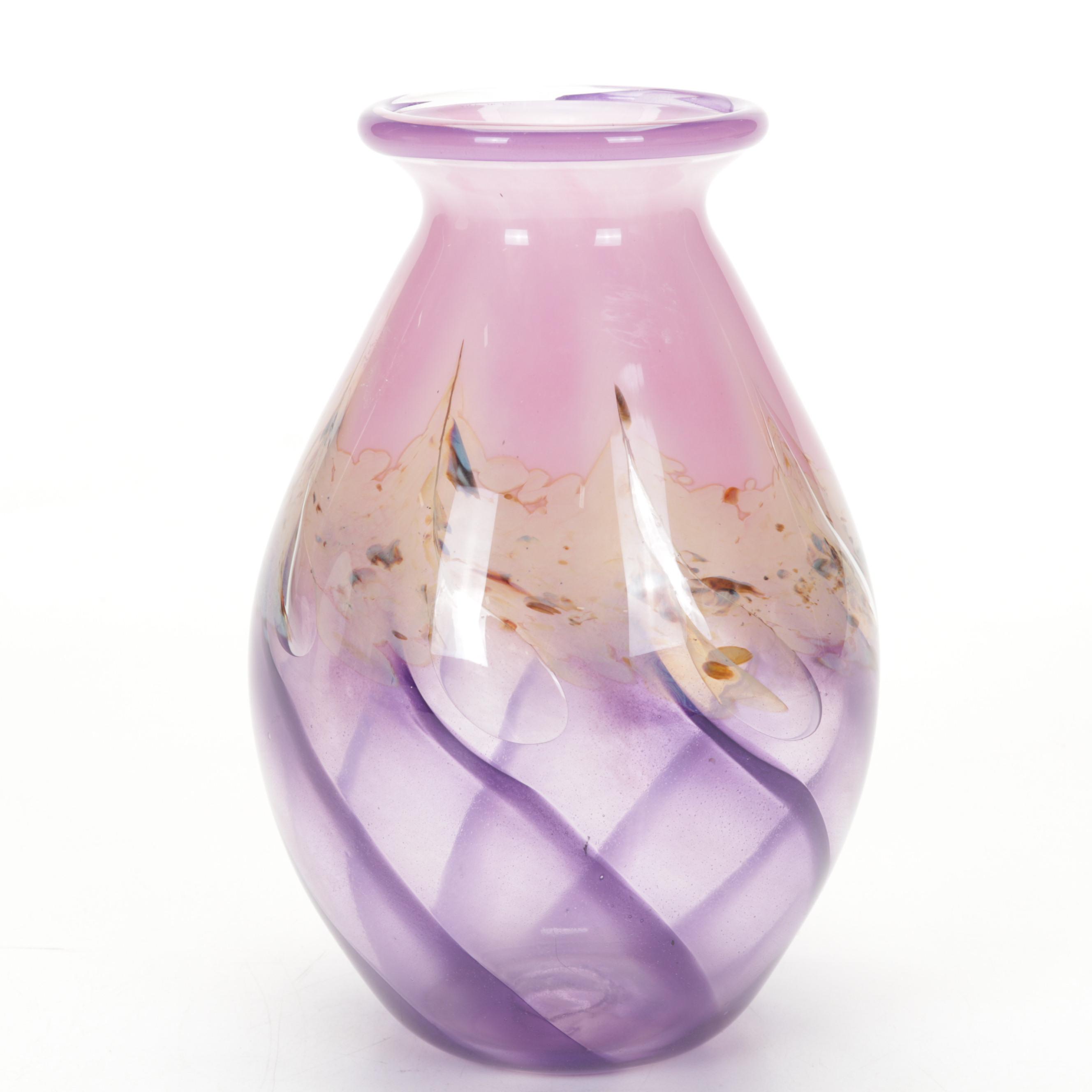Nick Delmatto Pink and Lavender Swirl Handblown Art Glass Vase, 2000