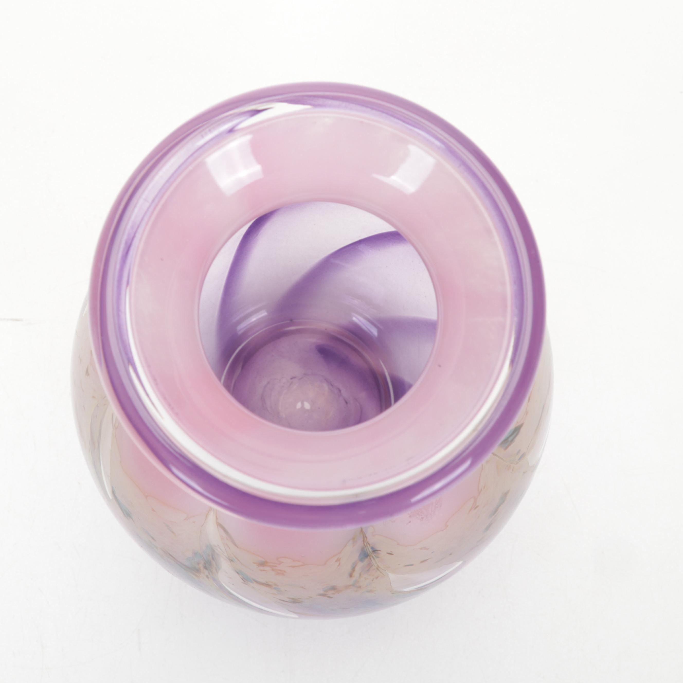 Nick Delmatto Pink and Lavender Swirl Handblown Art Glass Vase, 2000