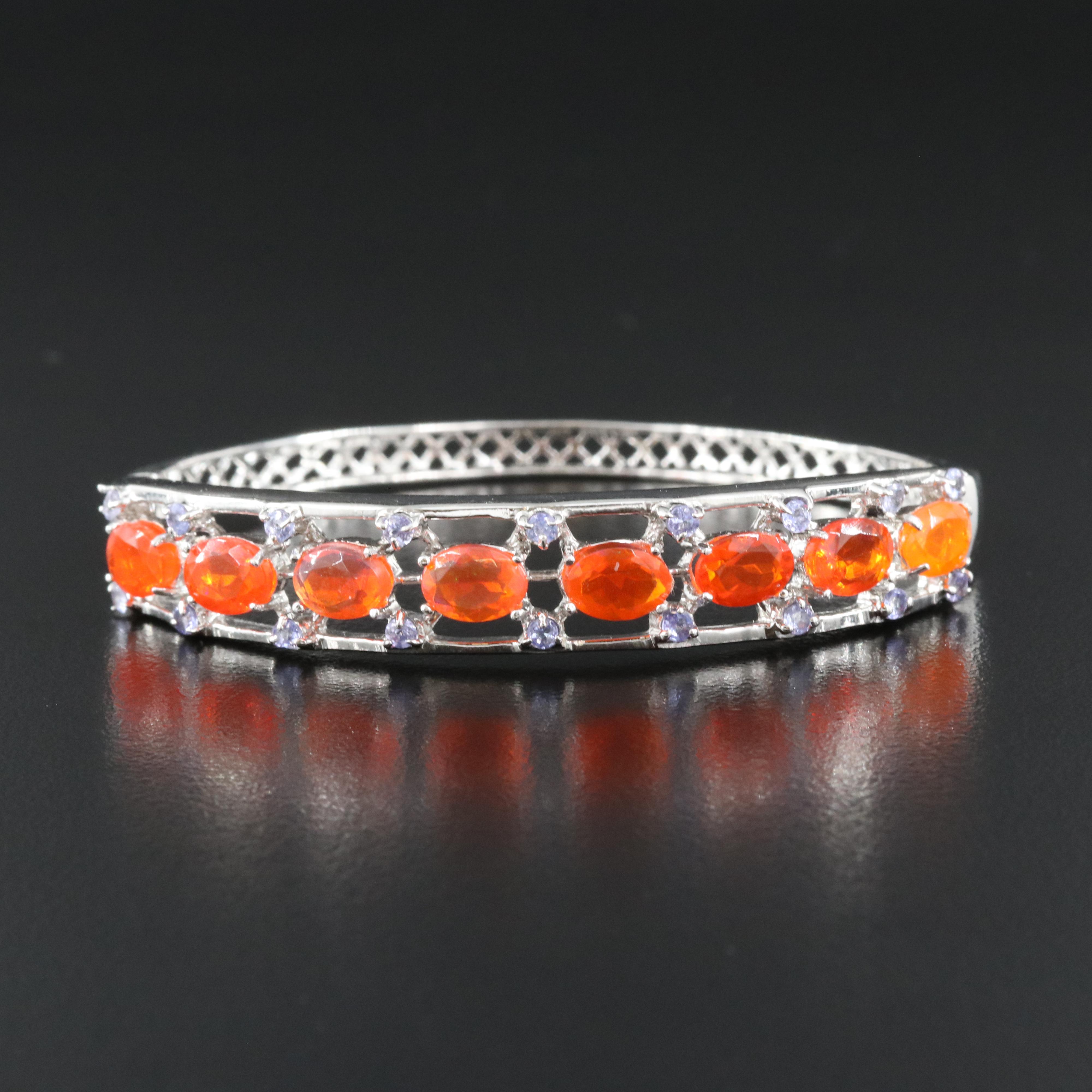 Sterling Fire Opal and Topaz Hinged Bangle