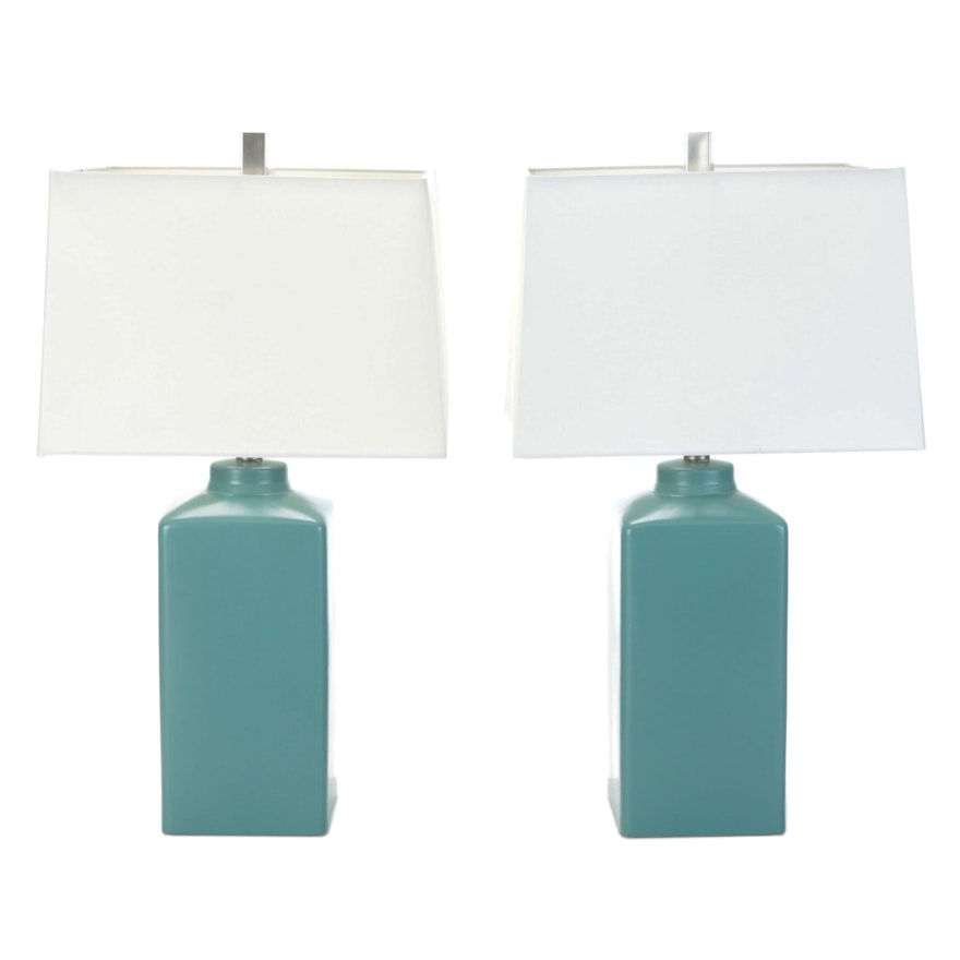 Contemporary Blue Glazed Ceramic Table Lamps with Rectangular Shades