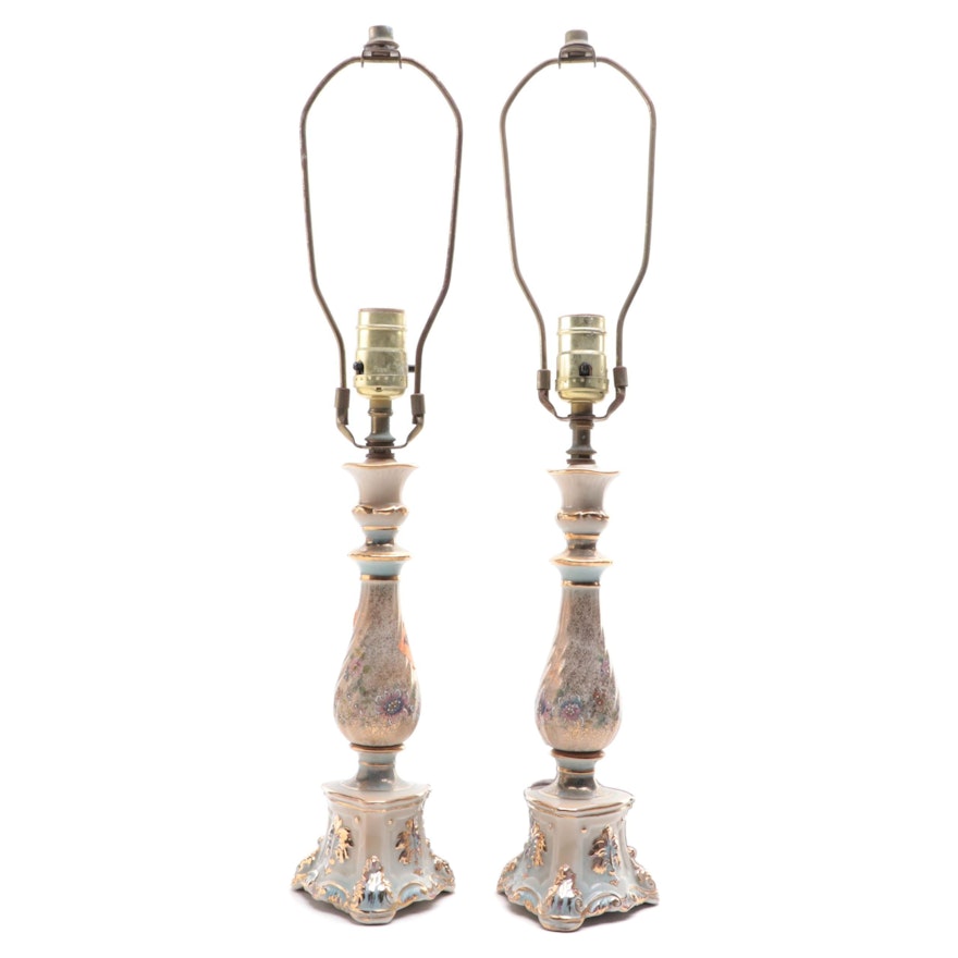 Pair of Rococo Style Ceramic Lamps, Mid-20th Century