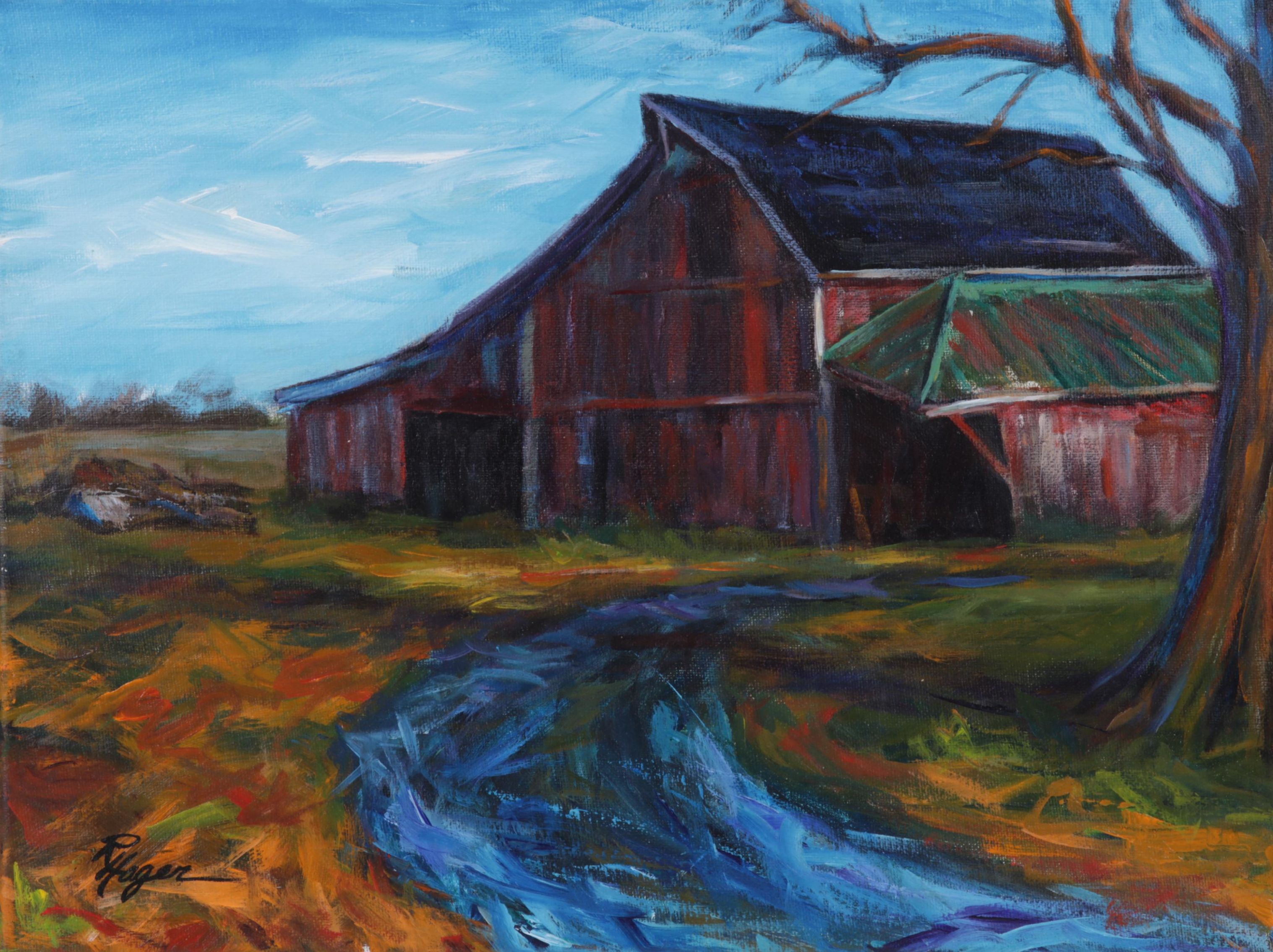 Rhonda Hager Acrylic Painting "Nobel Township Barn," 21st Century
