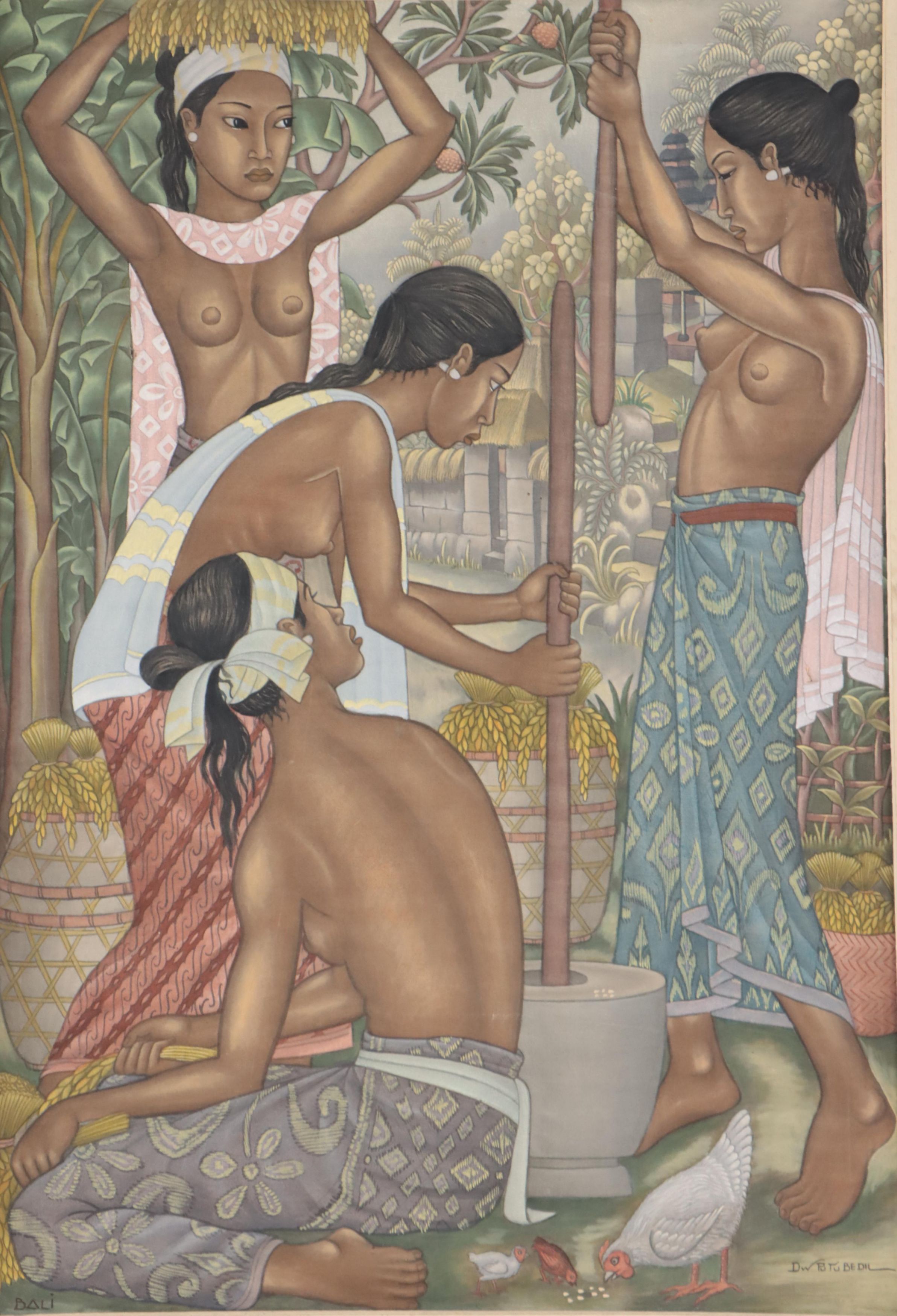 Dewa Putu Bedil Gouache Painting of Market Scene