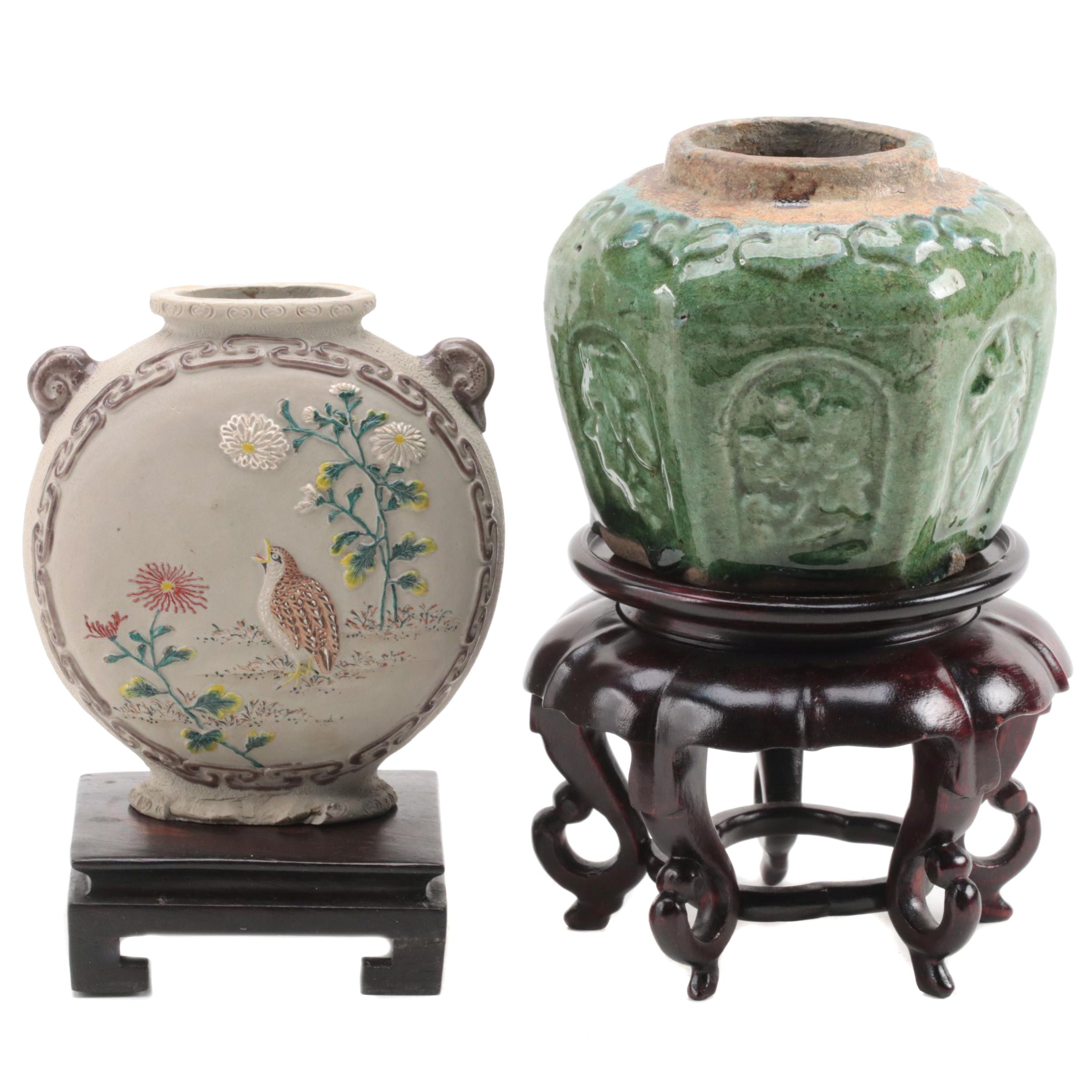 Chinese Ming Style Earthenware Ginger Jar and Other Moon Flask Style Vase