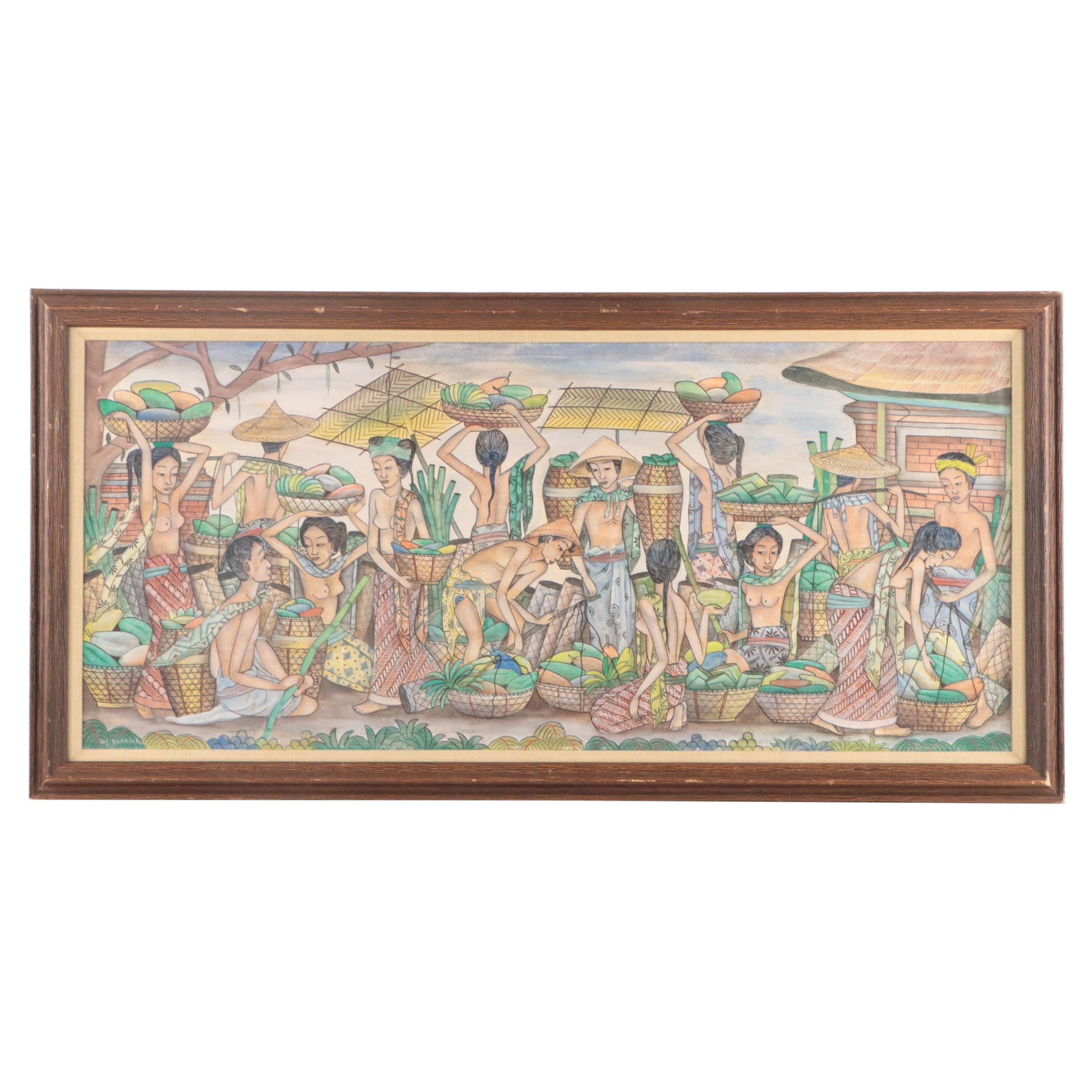 Indonesian School Gouache Painting of Market Scene