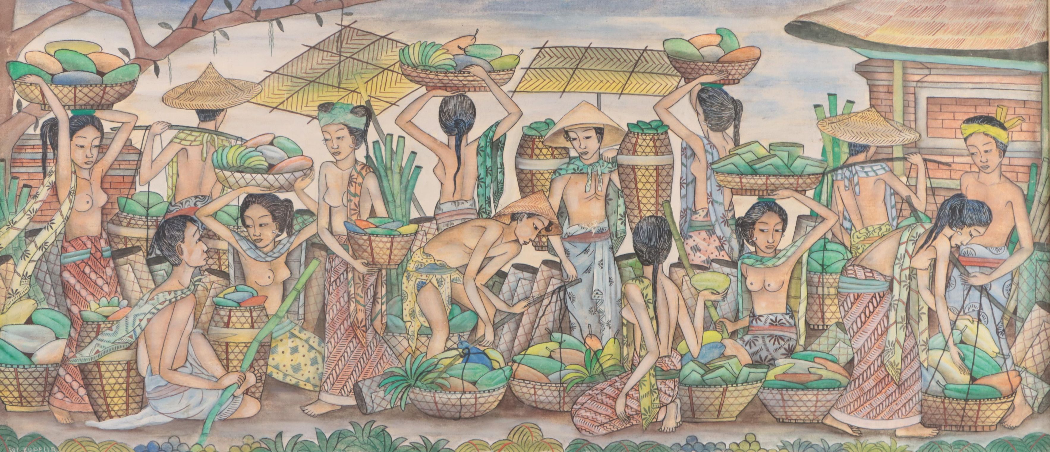 Indonesian School Gouache Painting of Market Scene