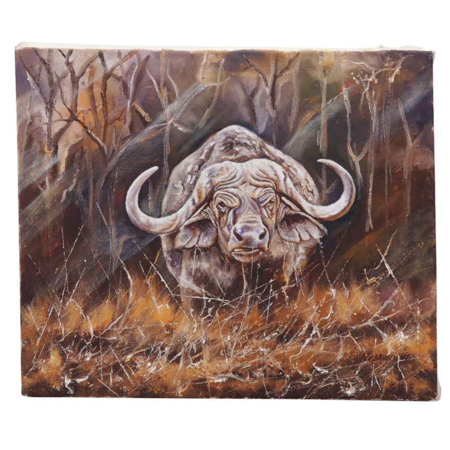 N. Mukuna Oil Painting "Cape Buffalo (African)," Circa 1990