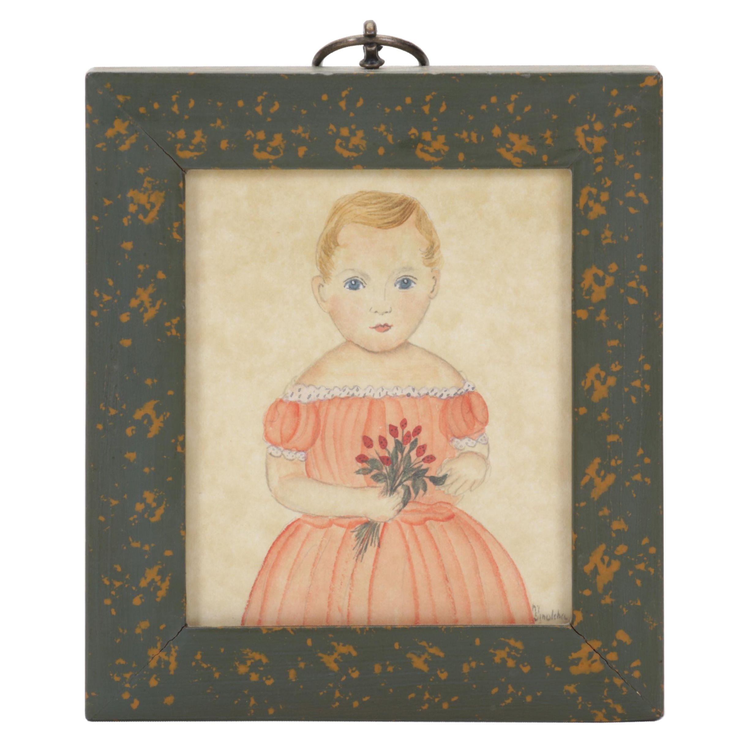 Marcia Smolcha Folk Art Watercolor Painting of Young Girl, Circa 1988