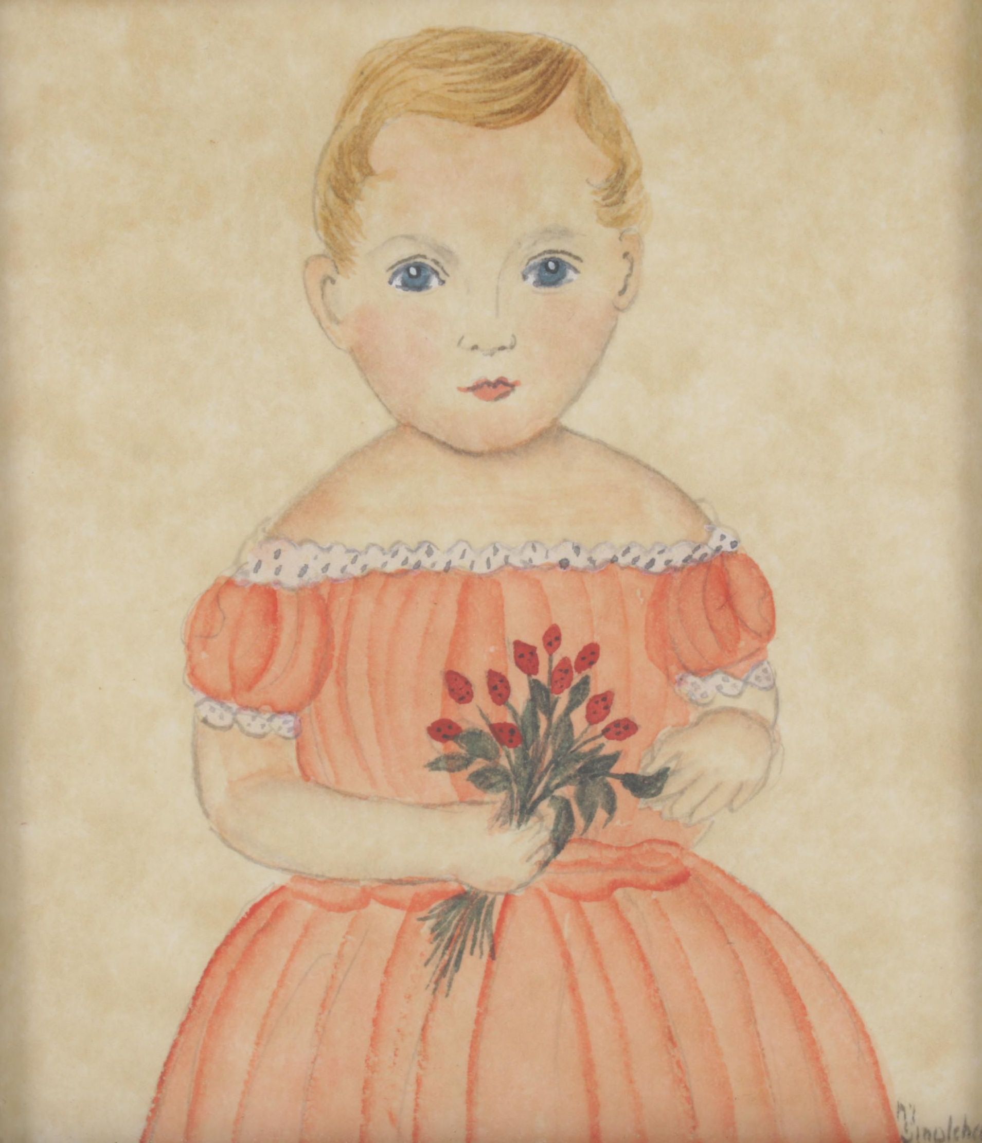 Marcia Smolcha Folk Art Watercolor Painting of Young Girl, Circa 1988
