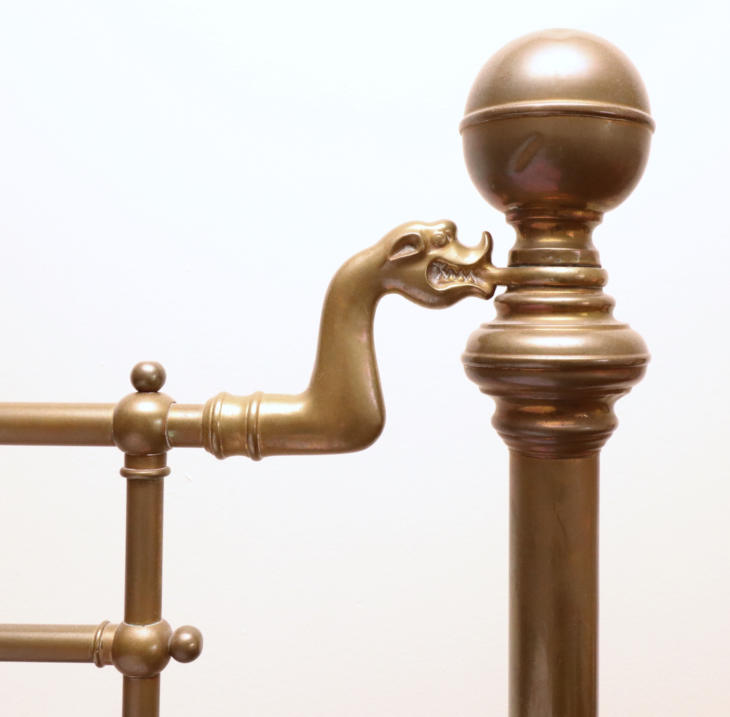 Brass Full Size Poster Bed with Dragon Motif, Early 20th Century