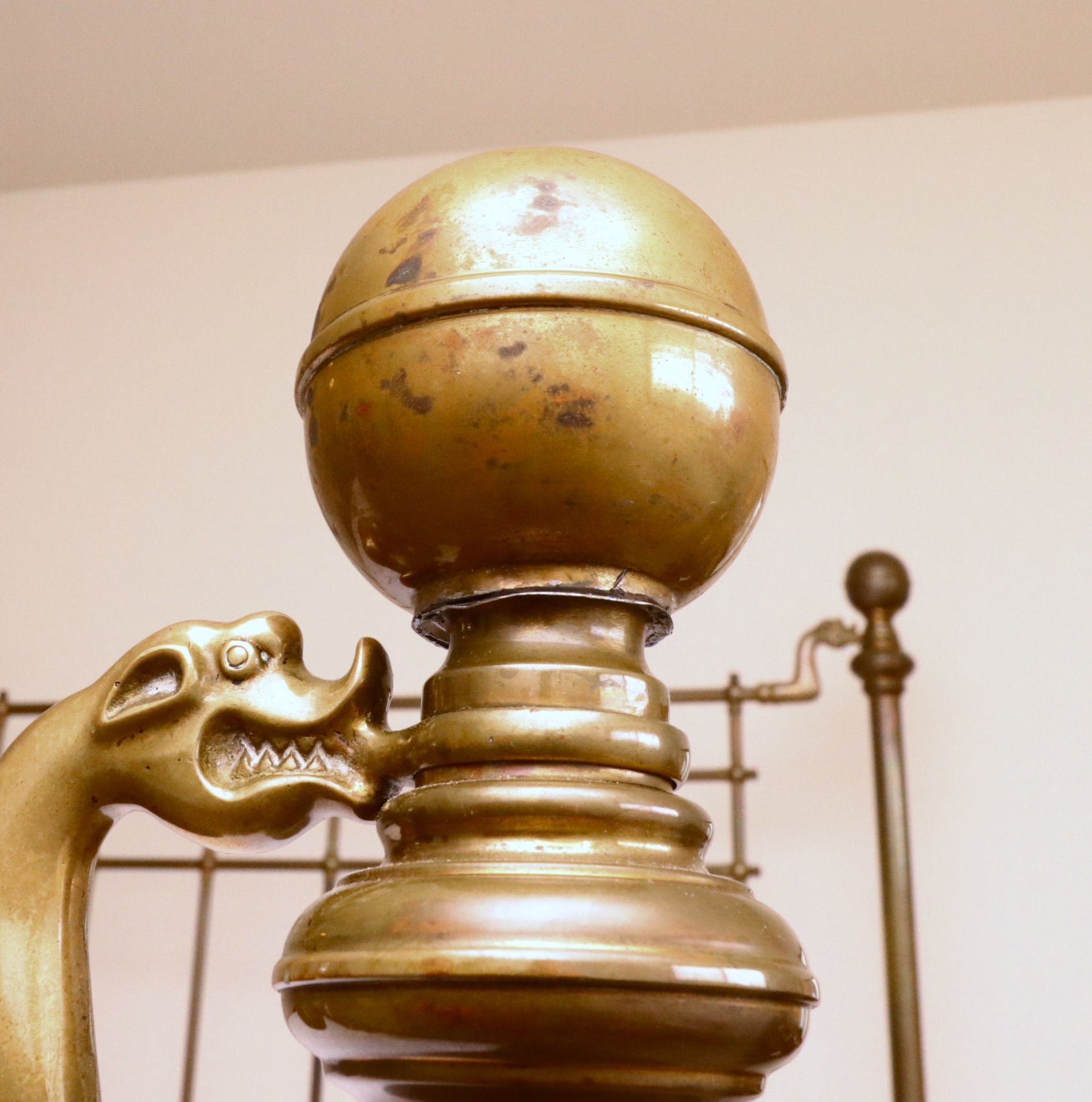 Brass Full Size Poster Bed with Dragon Motif, Early 20th Century