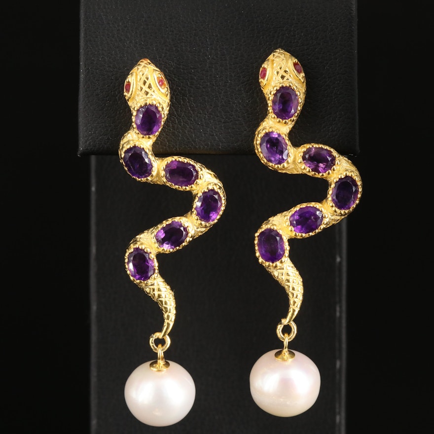 Sterling Pearl and Amethyst Snake Earrings