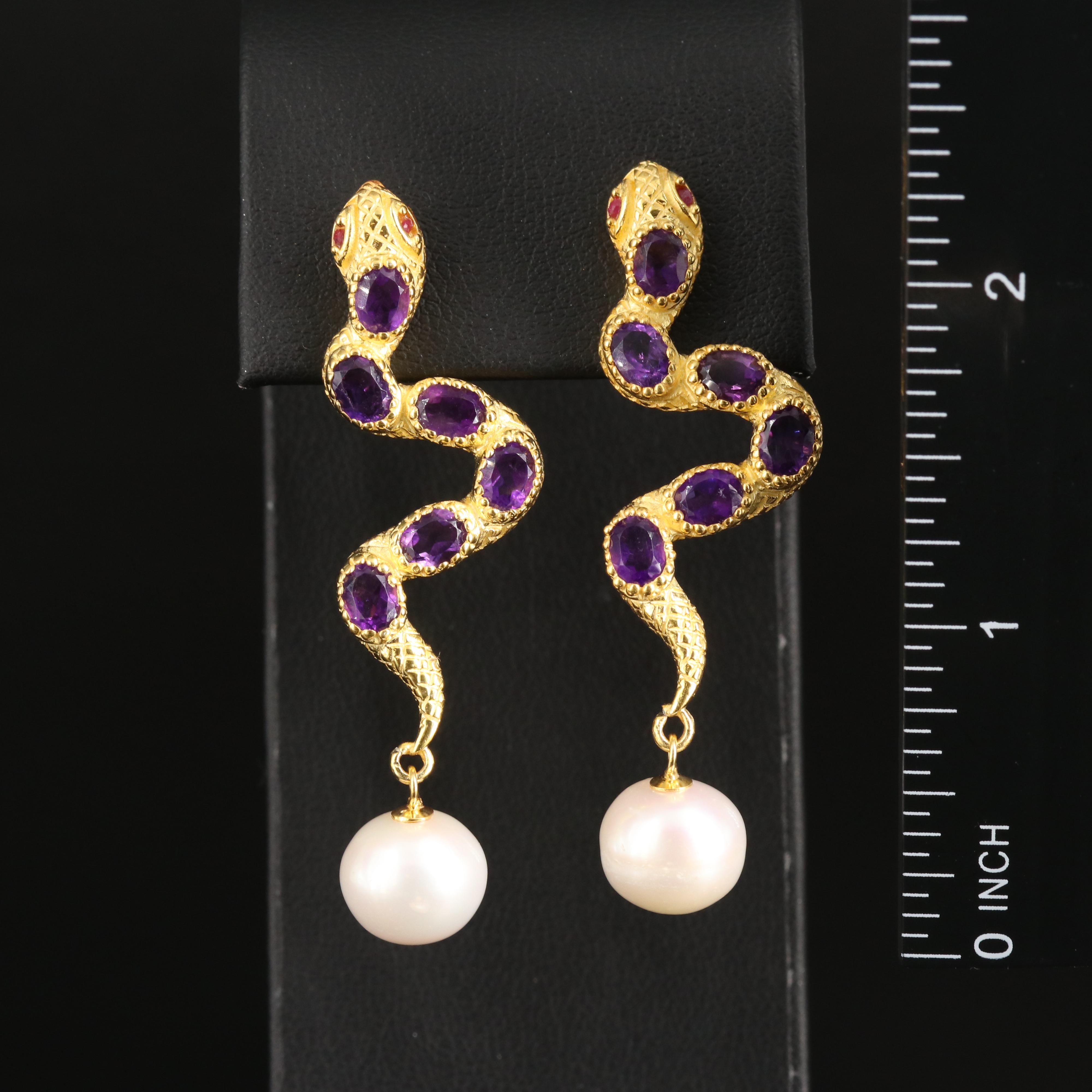 Sterling Pearl and Amethyst Snake Earrings