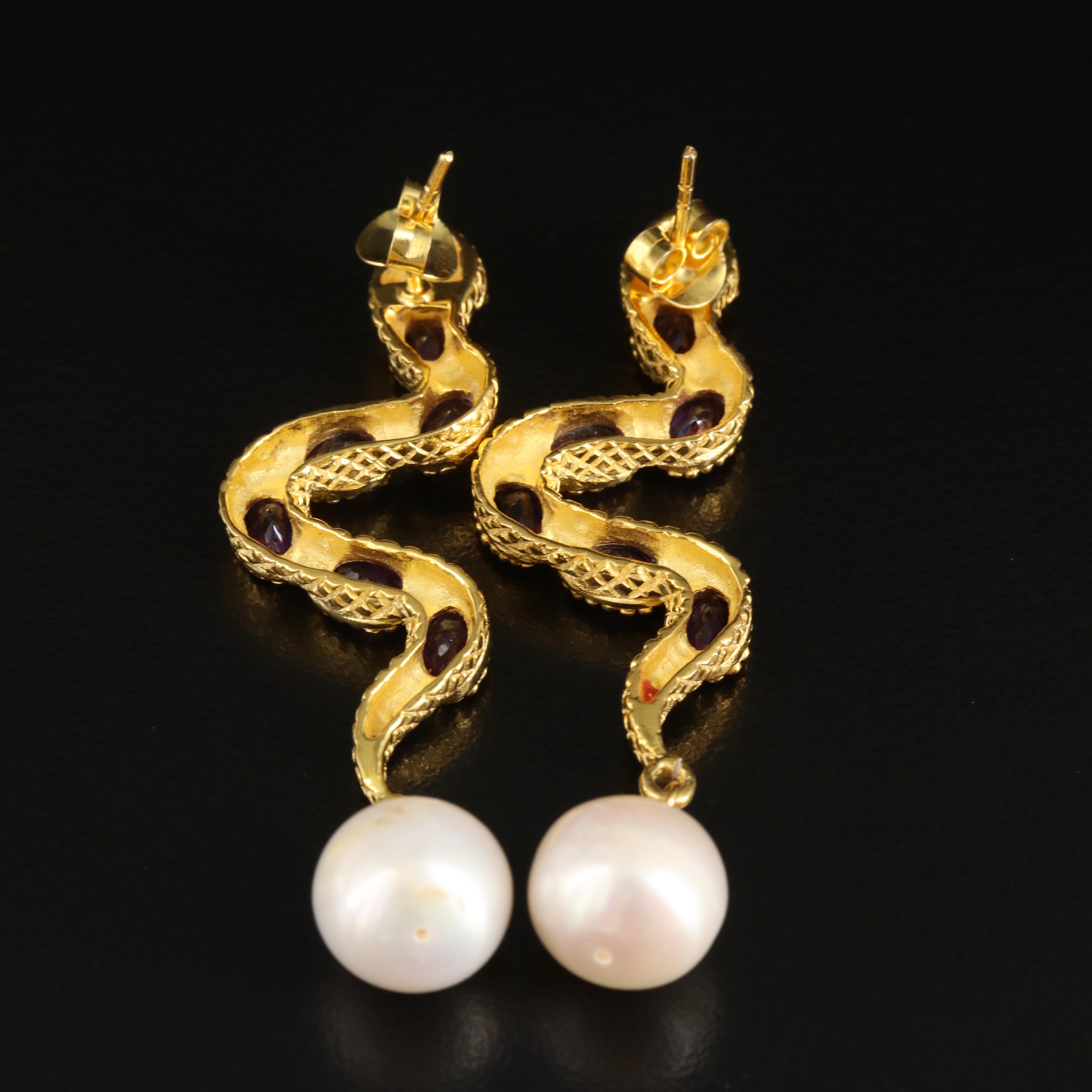 Sterling Pearl and Amethyst Snake Earrings