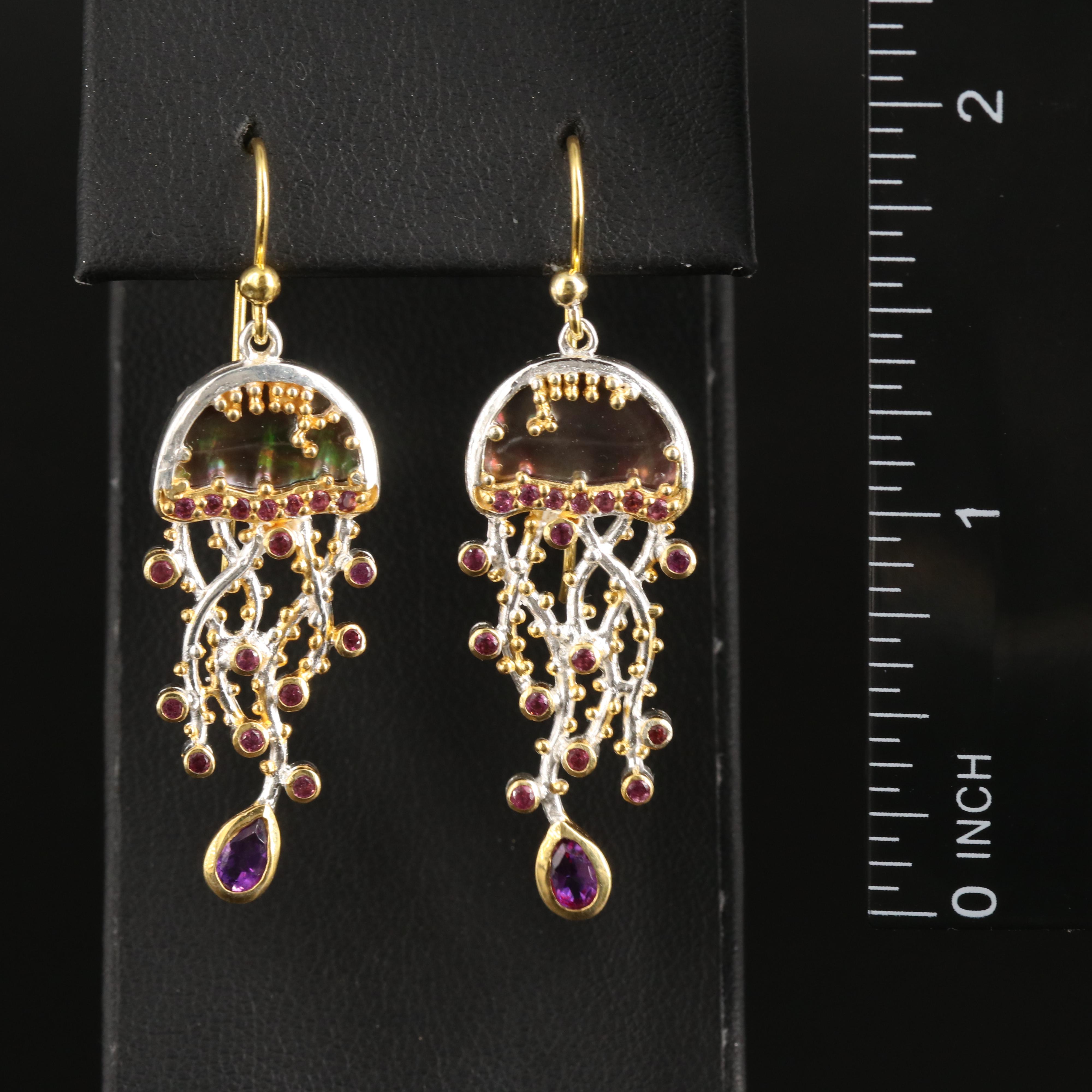 Sterling Mother-of-Pearl, Garnet and Amethyst Jellyfish Earrings