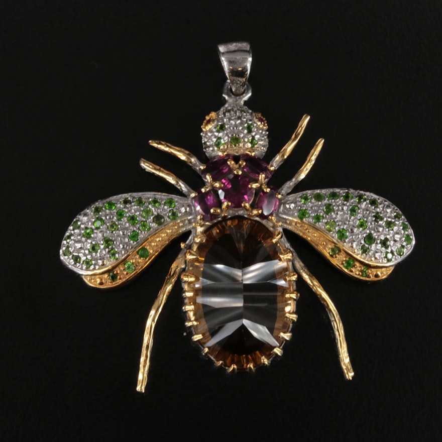 Sterling Citrine, Garnet and Diopside Insect Pendant