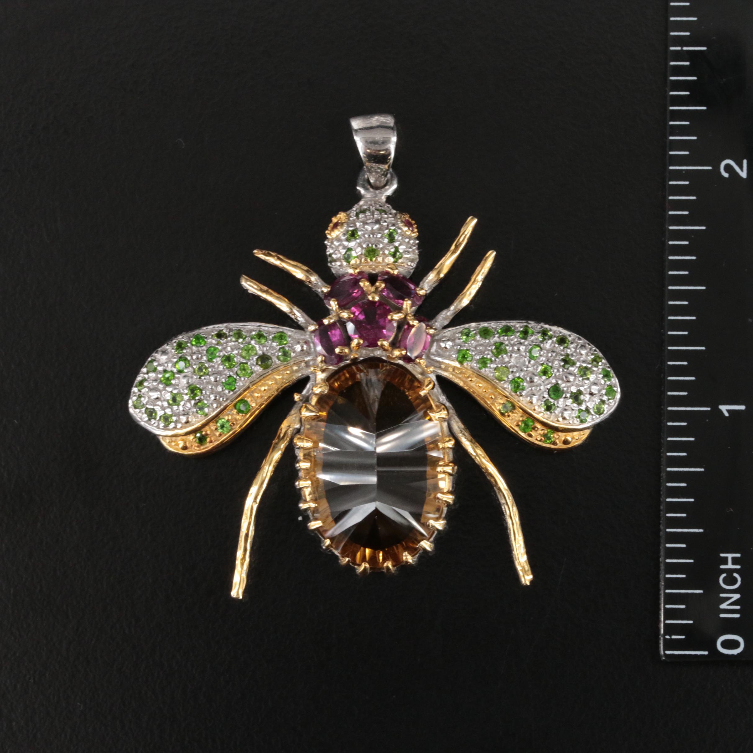 Sterling Citrine, Garnet and Diopside Insect Pendant