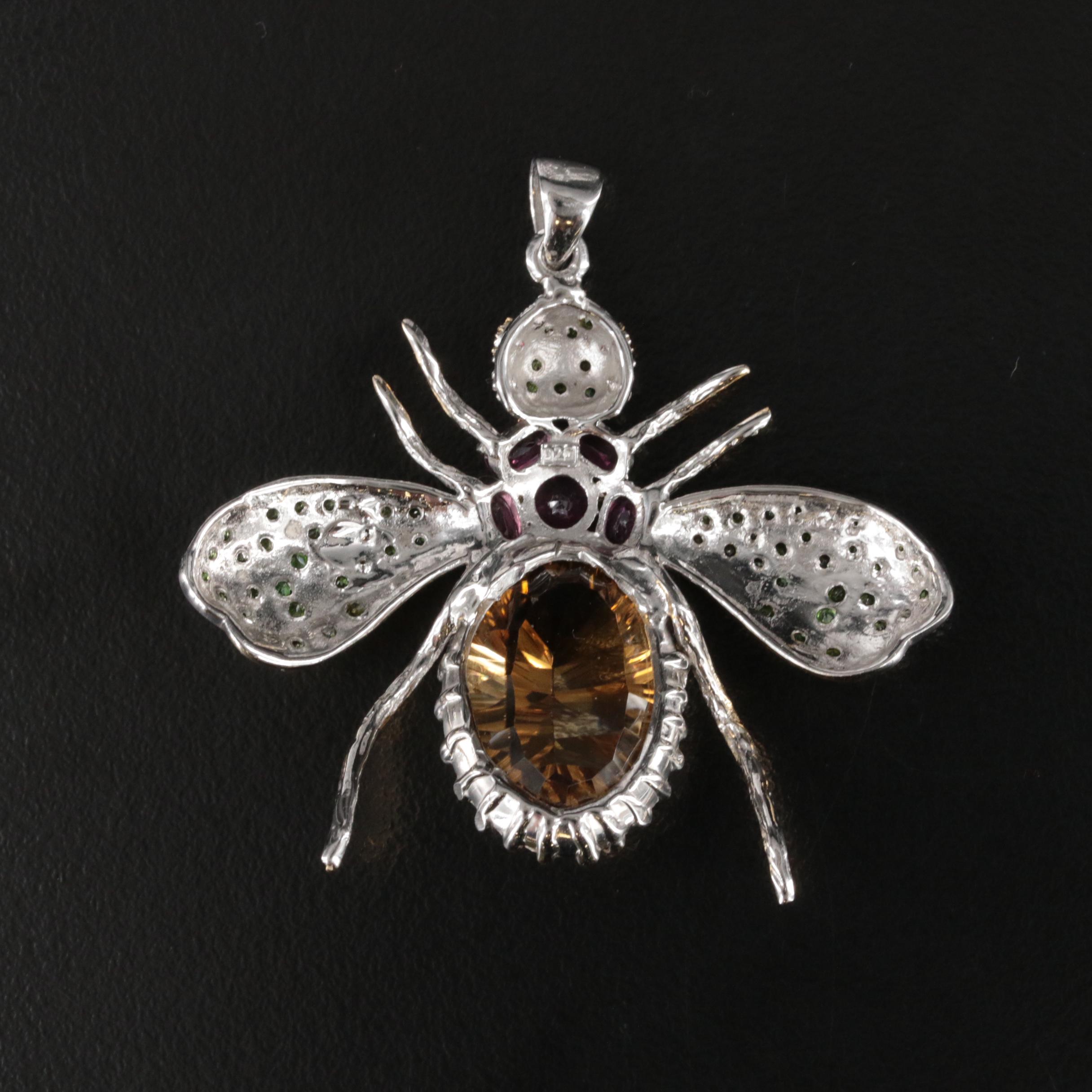 Sterling Citrine, Garnet and Diopside Insect Pendant