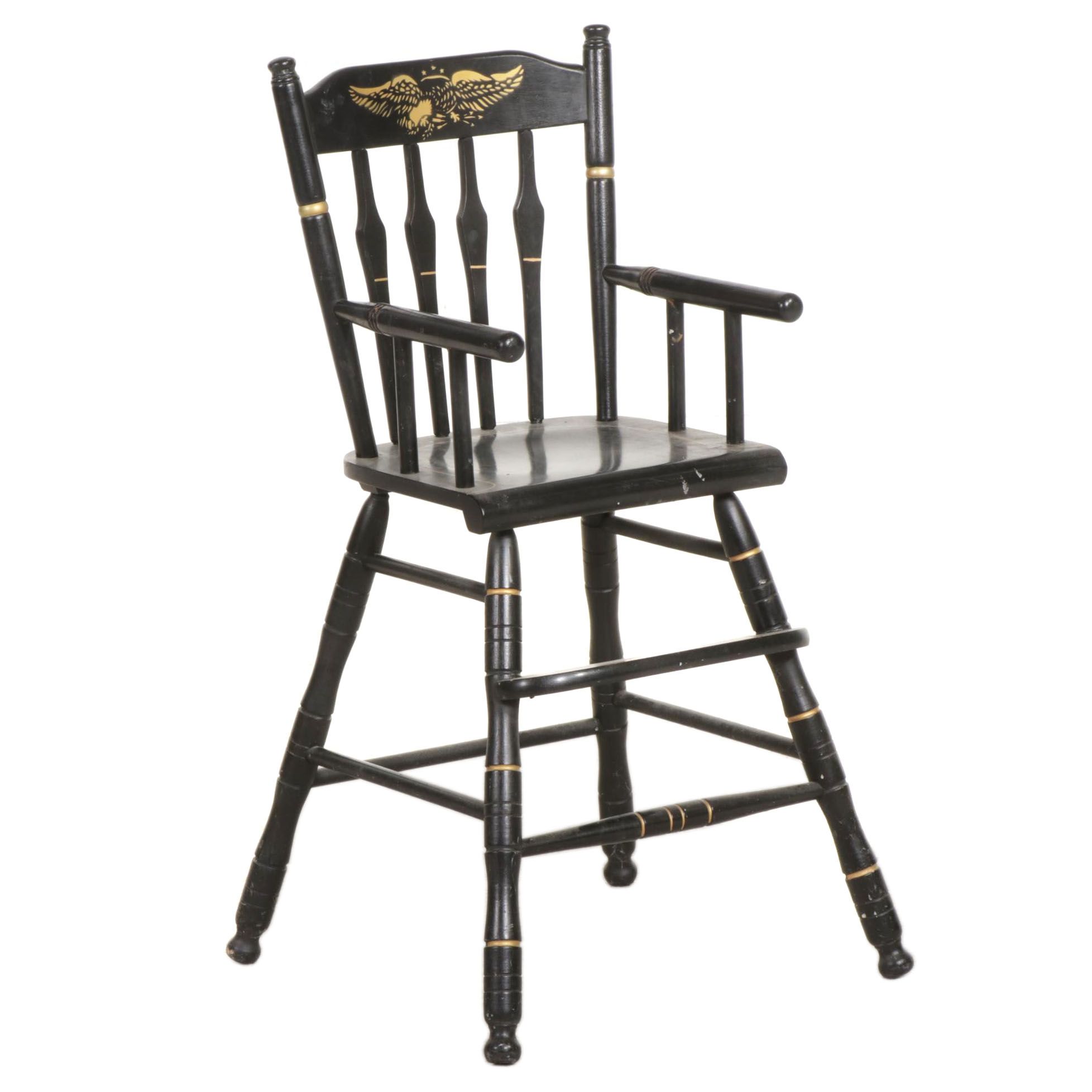 Hitchcock Style Ebonized and Stencil-Gilt Child's Highchair, Mid to Late 20th C.