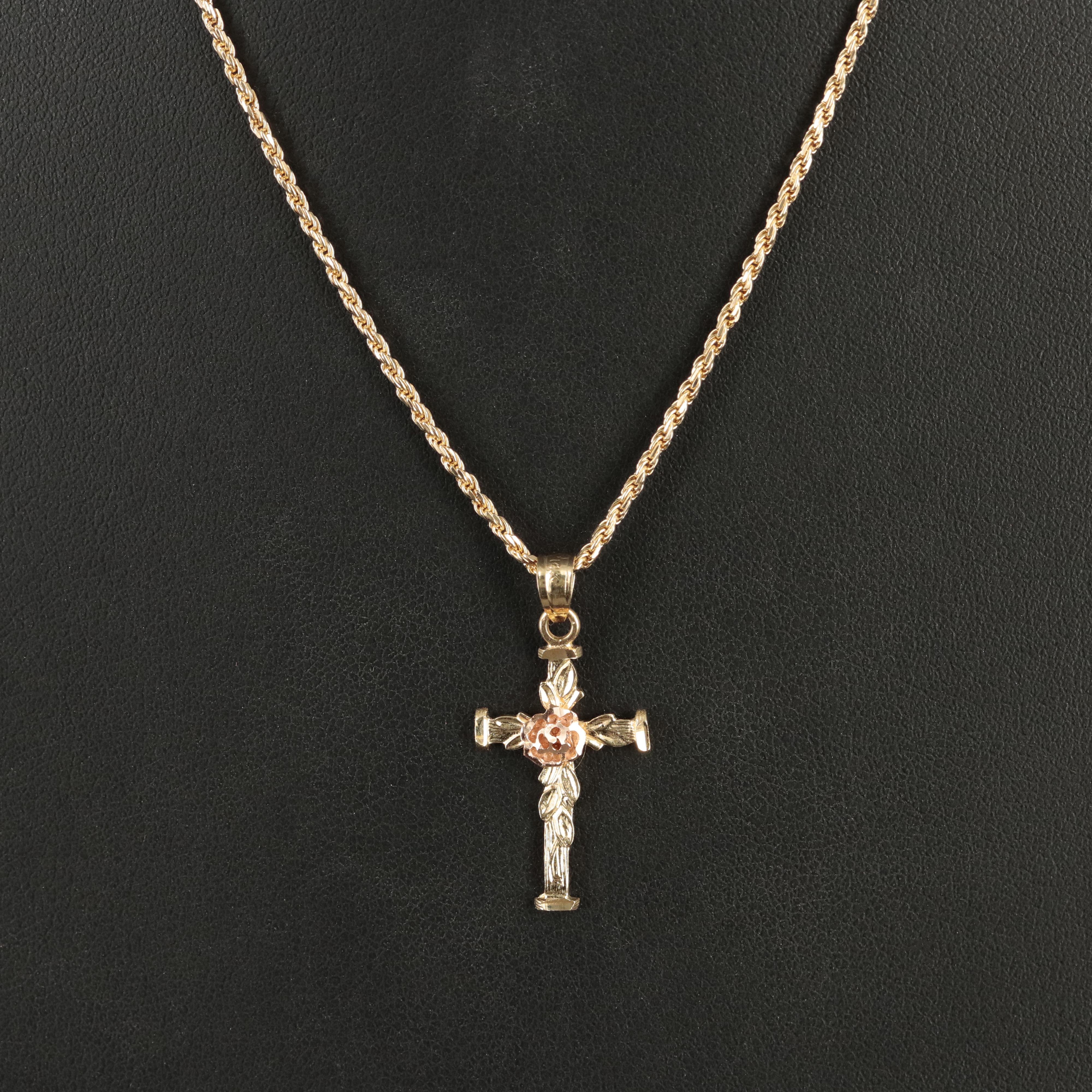 14K Cross Pendant Necklace with Rose Gold Accent