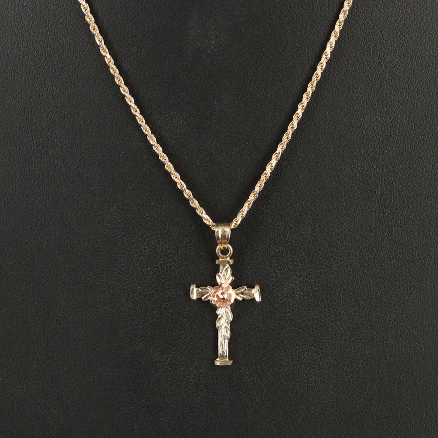 14K Cross Pendant Necklace with Rose Gold Accent