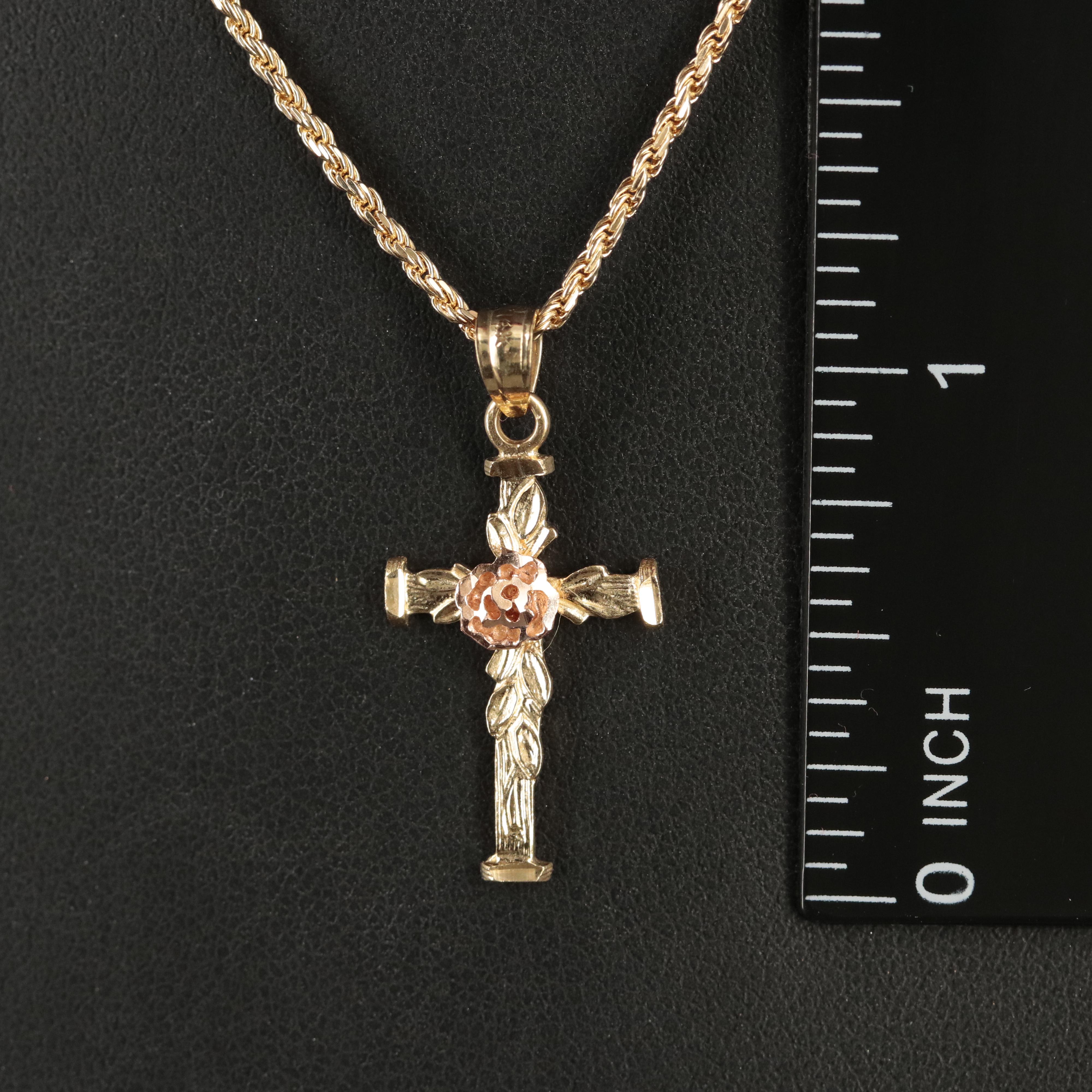 14K Cross Pendant Necklace with Rose Gold Accent
