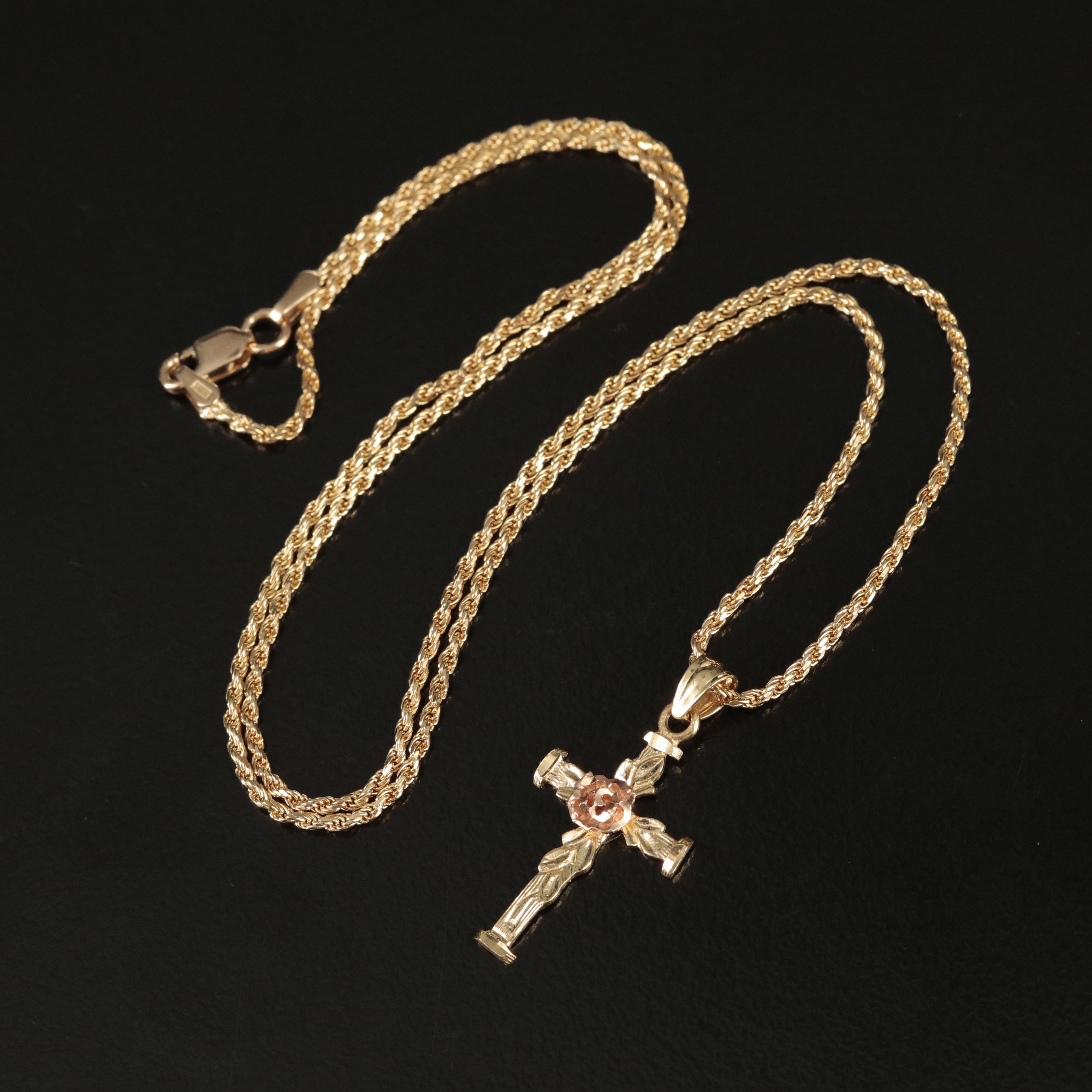 14K Cross Pendant Necklace with Rose Gold Accent