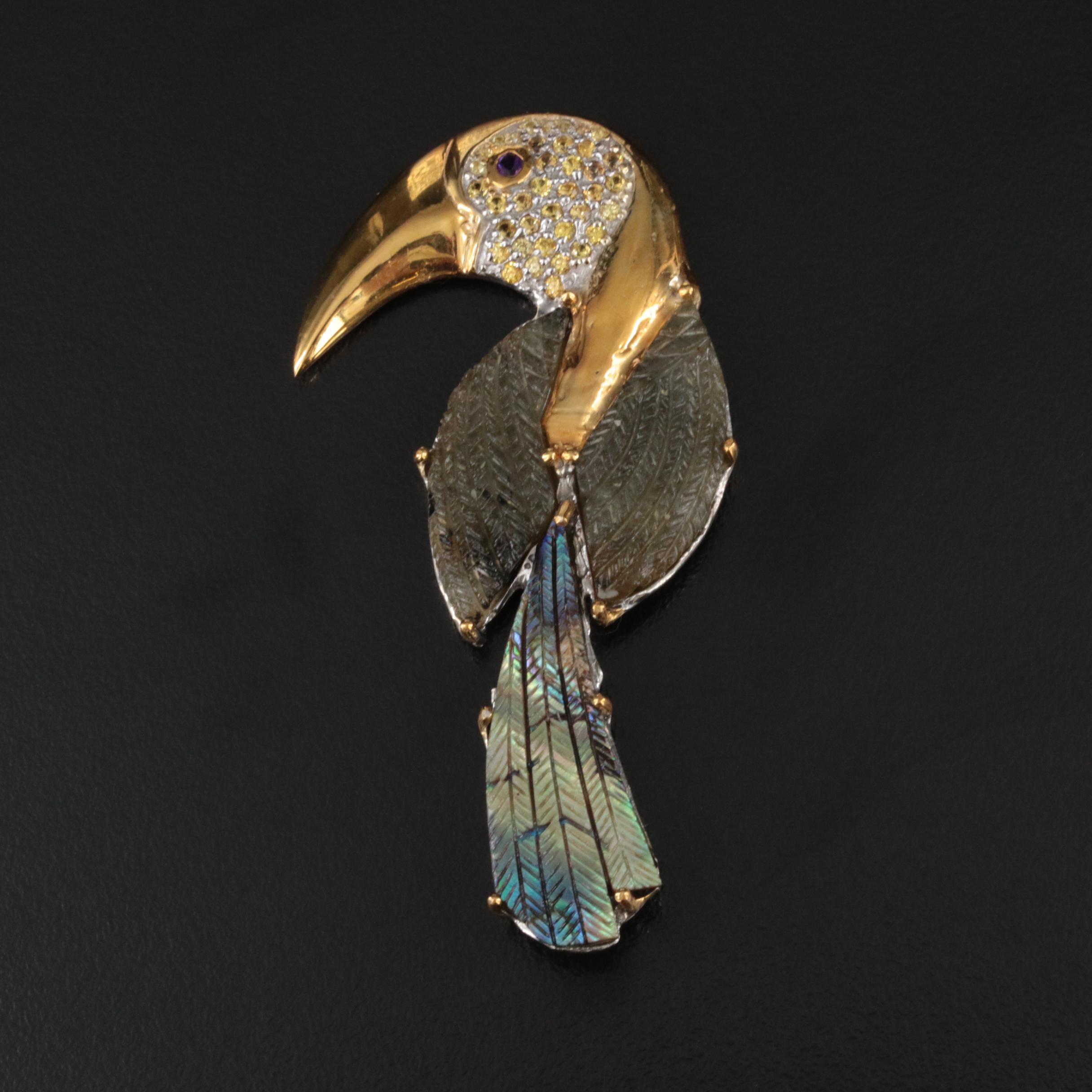 Sterling Labradorite, Amethyst and Sapphire Tucan Brooch