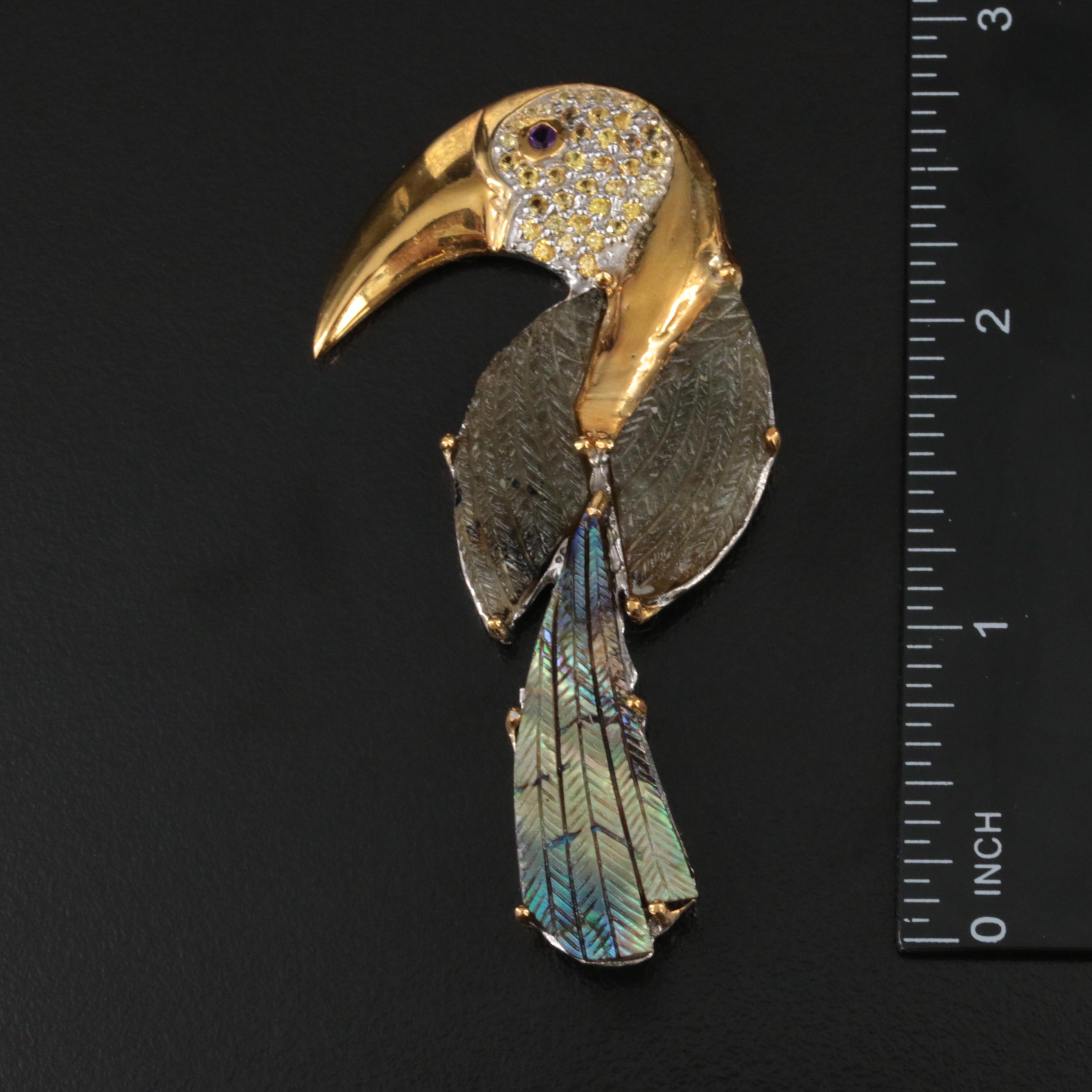 Sterling Labradorite, Amethyst and Sapphire Tucan Brooch