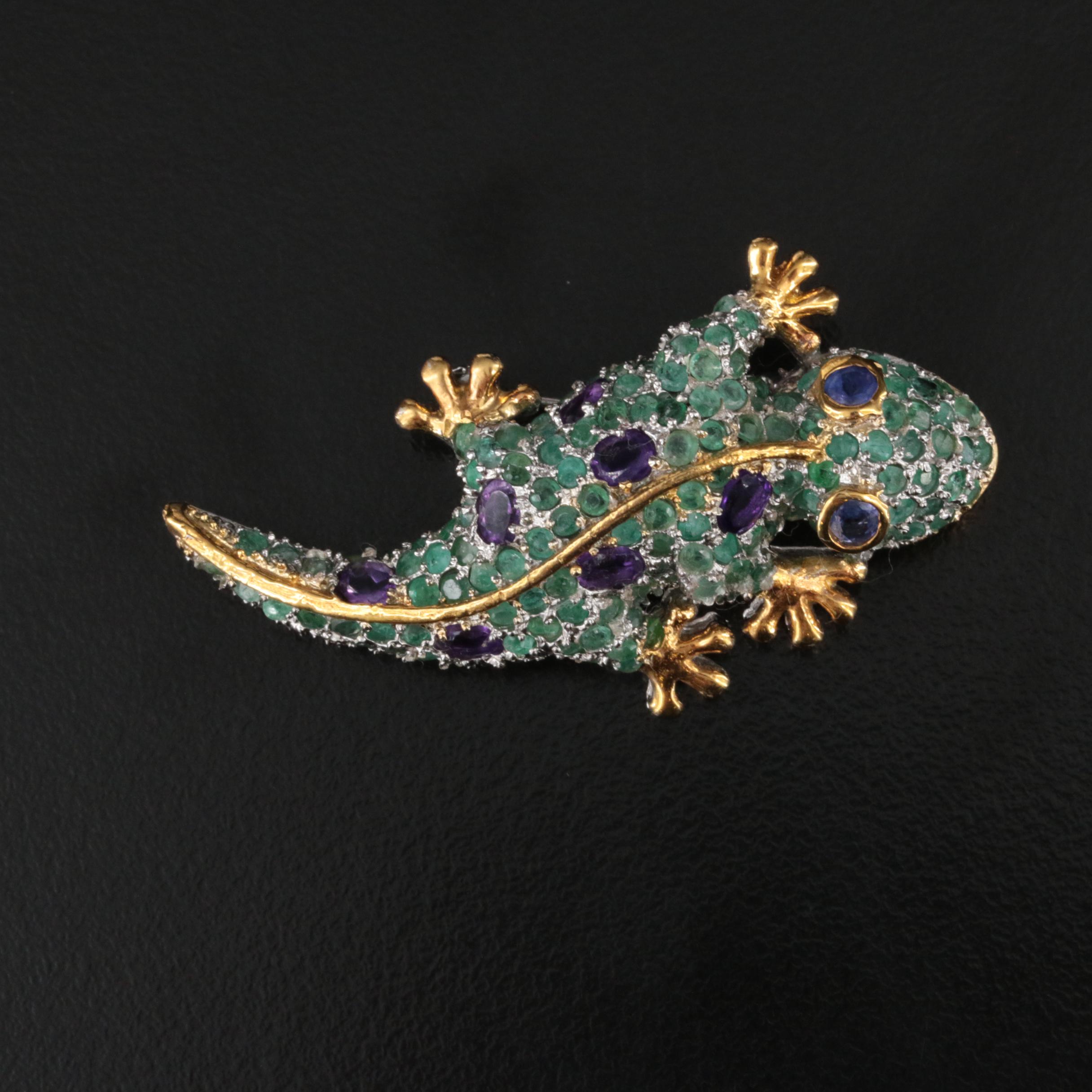 Sterling Emerald, Amethyst and Tanzanite Geco Brooch